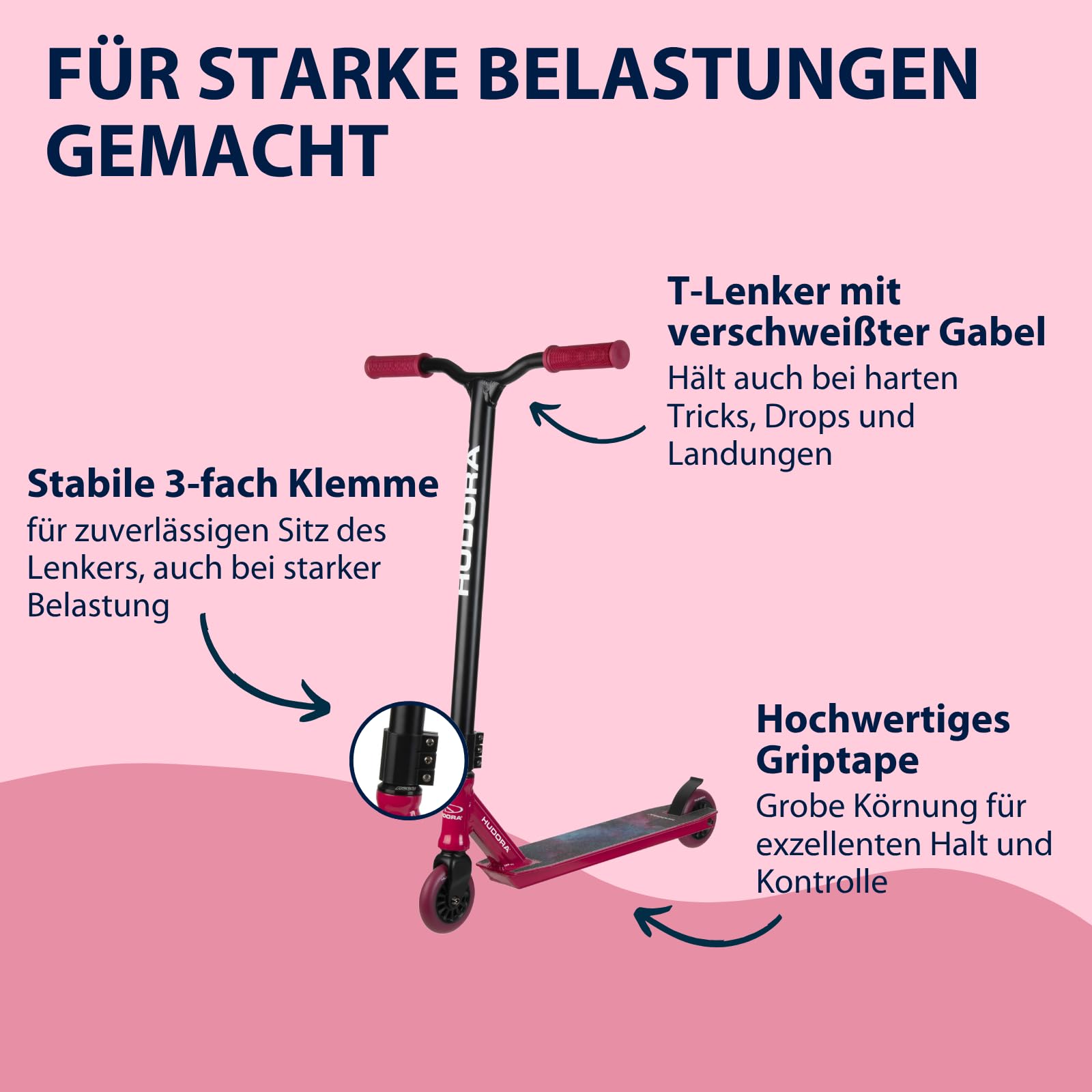 HUDORA Stunt Scooter für den Skatepark – robuster Freestyle Roller mit 360° Lenker, ABEC 9 Kugellager & Stahlbremse – Stunt Roller für Anfänger & Geübte, rutschfestes Deck, schnell rollend