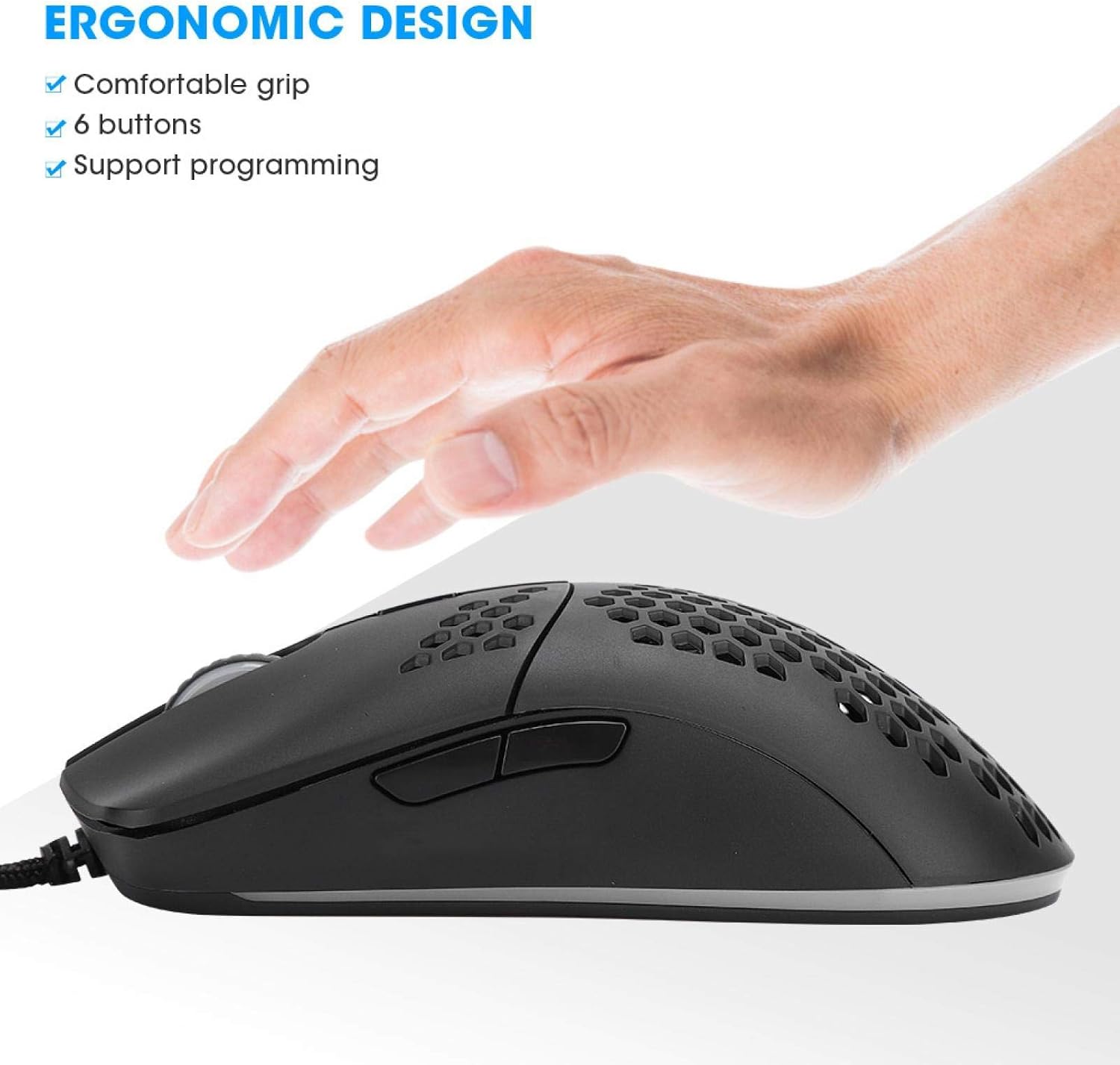 Hand gripping the HXSJ J900 mouse, illustrating its ergonomic design and highlighting the 6 buttons and programming support.