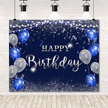 Blue Sliver Happy Birthday Backdrop 10x8ft Glitter Balloon Background Navy Blue Happy Birthday Banner for Men Women Boys Girls Birthday Party Decoration Supplies Cake Table Photo Booth Props