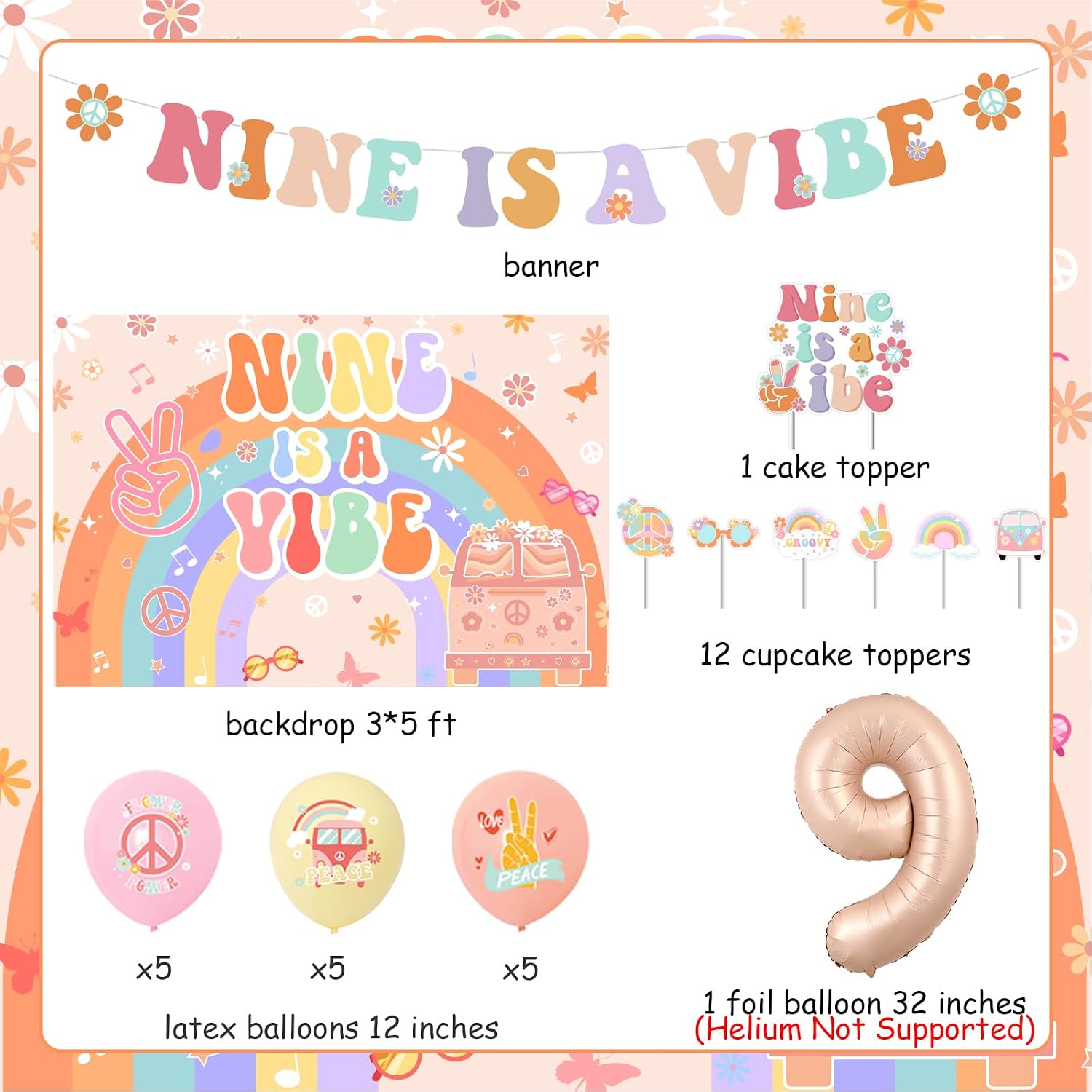 Nine Is A Vibe Groovy 9th Birthday Decoration Girl, Boho Daisy Flower 9th Birthday Banner Backdrop Nine Is A Vibe Groovy Daisy Flowers Cake Topper Number 9 Foil Balloon for Retro Ninth Bday Supplies