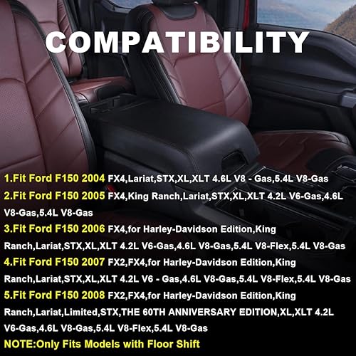 PIT66 Tapa de consola central, funda para reposabrazos compatible con Ford F150 04-08, 5L3Z1506025AAD, color negro