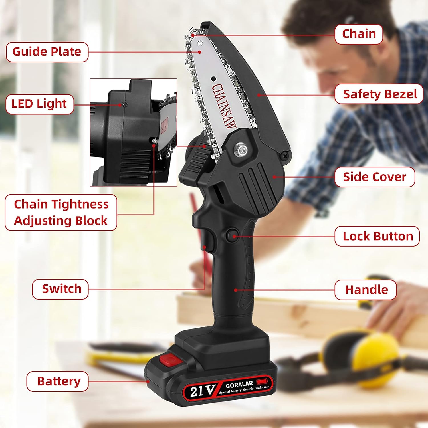 Mini Cordless Chainsaw Upgraded 4" Battery Powered Electric Chainsaw with Safety Lock, Portable Pruning Shears Chain Saw for Tree Trimming and Branch Wood Cutting（2 Batteries, Chains, Guide Plates）