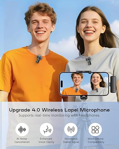 Miniatura 3 de Mini micrófono inalámbrico para iPhone, paquete de 2 micrófonos Lavalier Bluetooth para grabación de video, micrófono de solapa con reducción de