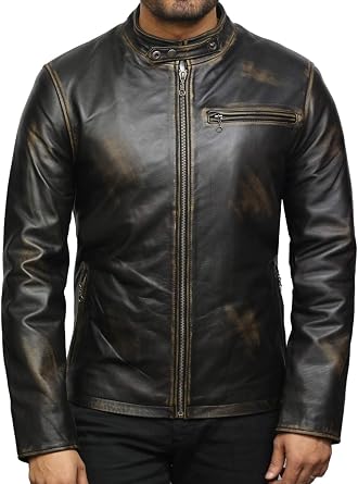 BRANDSLOCK Mens Leather Biker Jacket Black Real Leather Coat Designer