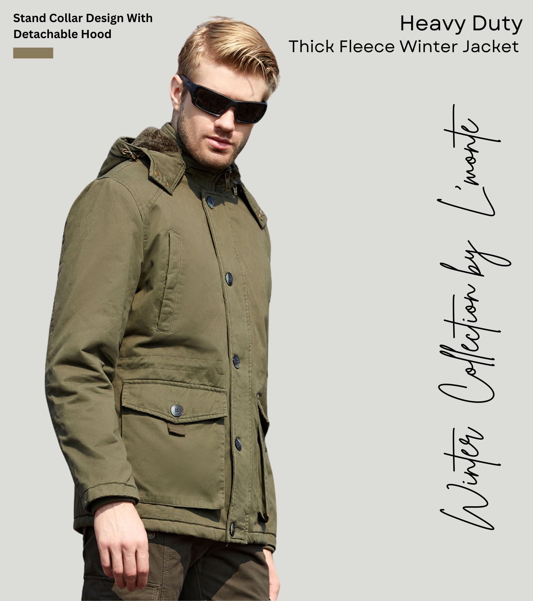 L'MONTE Men's Imported Cotton Winter Cargo Jacket with Detachable Hood, Thick Fleece Lining, Ribbed Cuffs, and Multiple Pockets – Warm, Windproof Outdoor Parka Coat for Harsh Cold Weather (M, Green) 2