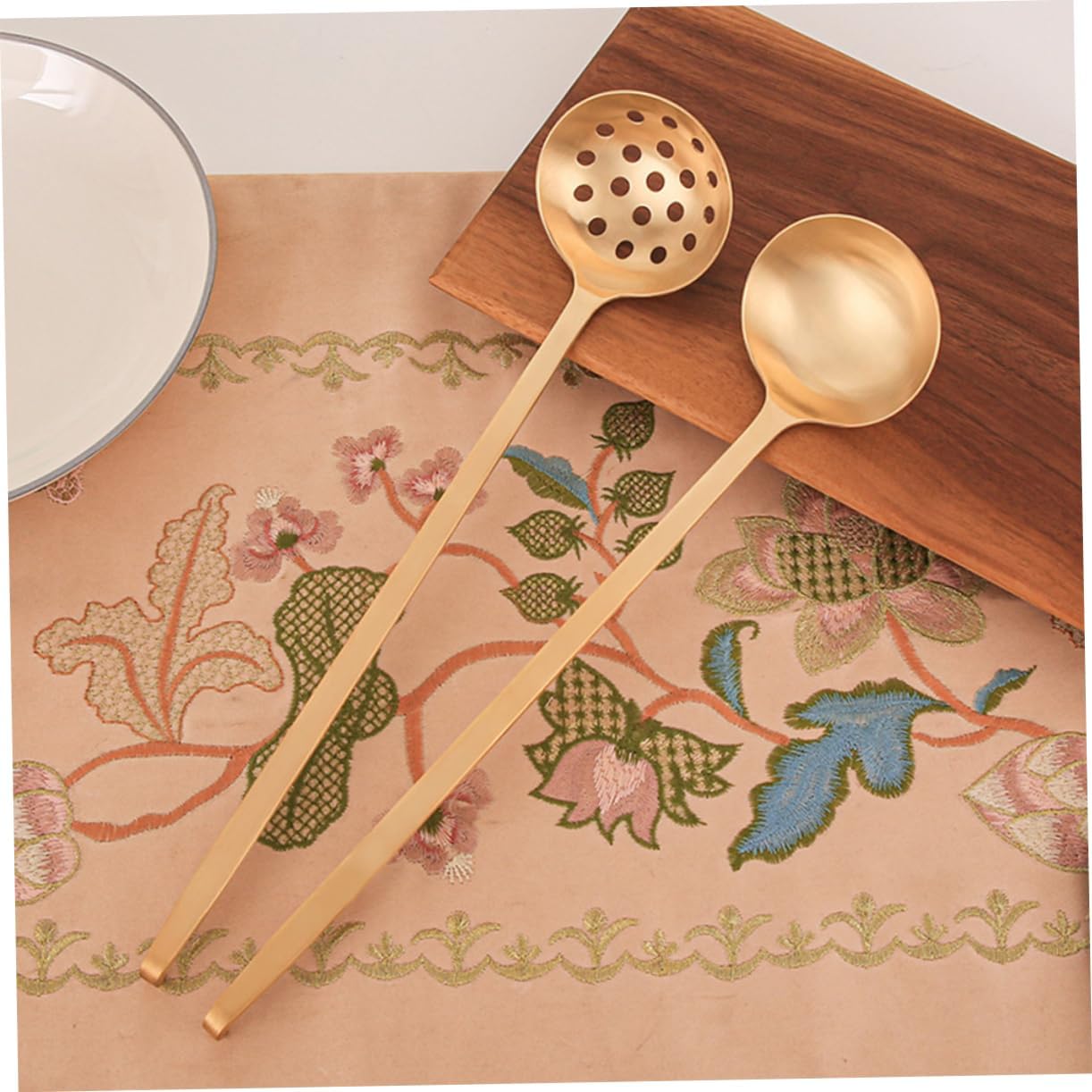 PRETYZOOM 2Pcs Brass Long Handle Ladle for Food Serving Soup and Slotted Colander Spoons for Hot Pot Cooking Safe Smooth Edges Kitchen Utensils for Restaurant and Home Use