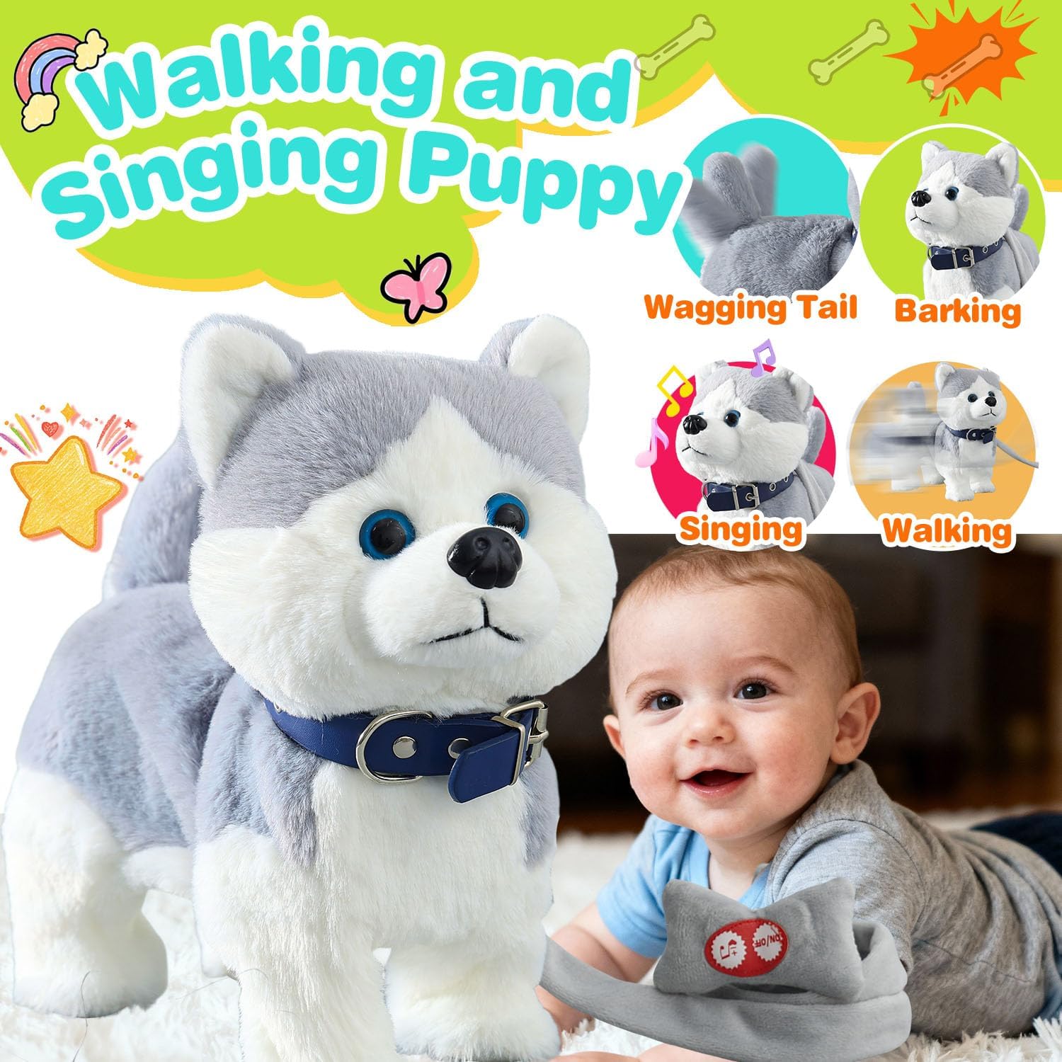 Husky Walking Dog Barking Toy, Musical Singing Dancing Volume Control Interactive Puppy Walk Along with Leash, Wagging Tail Shaking Head, Robot Plush Stuffed Animal Puppy for Kid