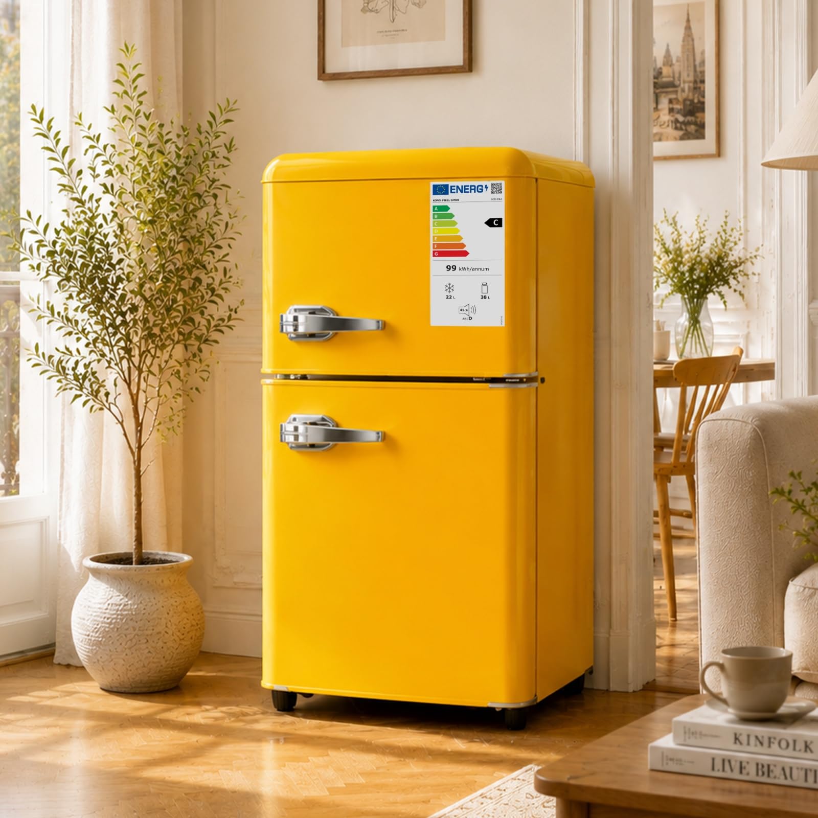 Mini Frigo Congélateur Combiné 2 Portes 60 L Compact 41 cm (Jaune) | -18°C freezer, 45 dB silencieux, 7 niveaux 0-10°C, LED, étagères réglables, pour Chambre, Bureau et Salon, 41×45×89 cm