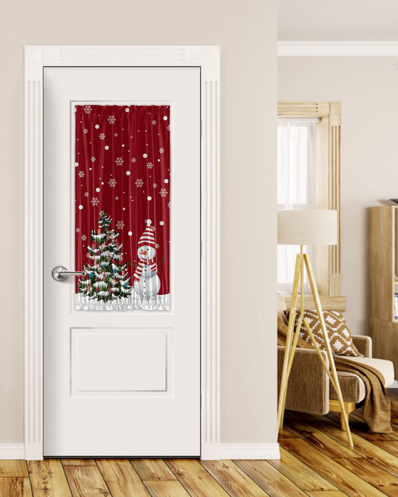 Christmas Snowman Black Out French Door Curtains For Door Window, Red Winter Snowflake Decor Xmas Tree Rod Pocket Door Drapery Curtain Panel With Tiebacks For Sidelight Front Back Patio Doors, 25