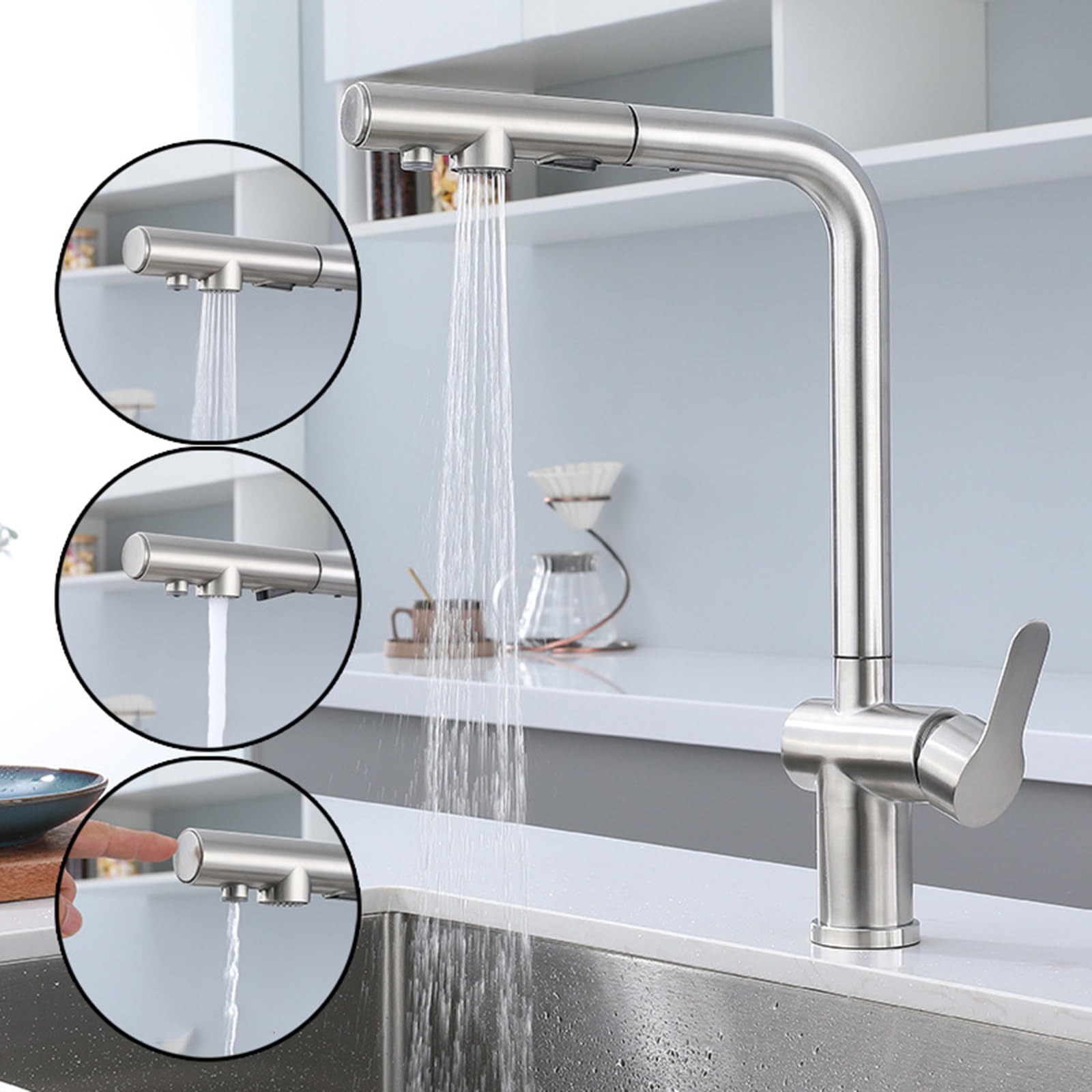 Grifo Osmosis 3 Vias Extraible Acero Inoxidable Cepillado Grifo 3 Vias Osmosis Extensible Girando-Cepillado