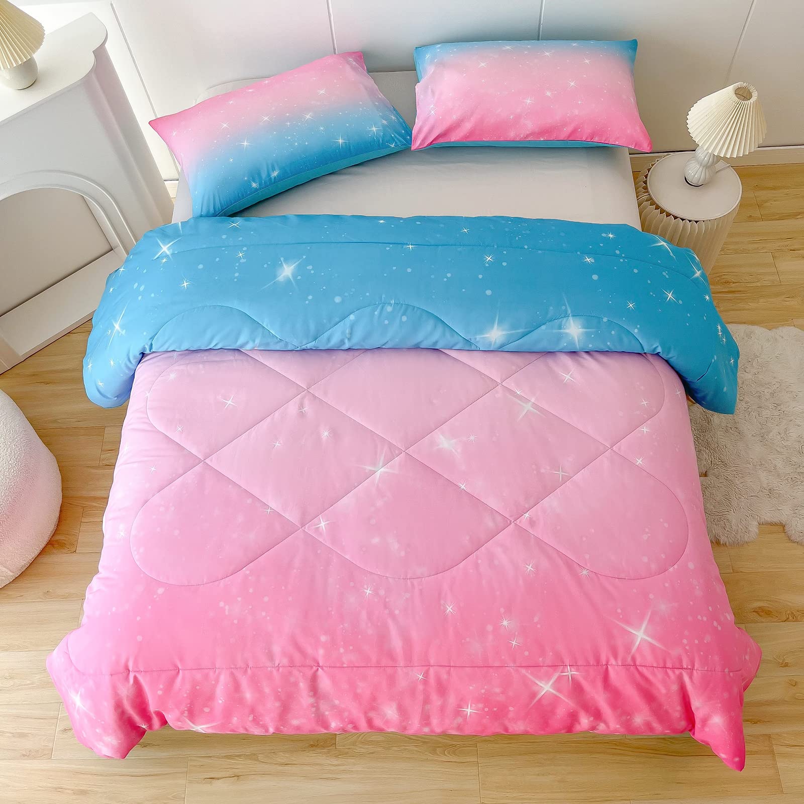 Glitter Rainbow Bedding Sets for Girls Full Queen Size 3 Pieces Pink Gradient Star Bed Comforter Sets for Kids Teen | Include Comforter, Pillowcases x2