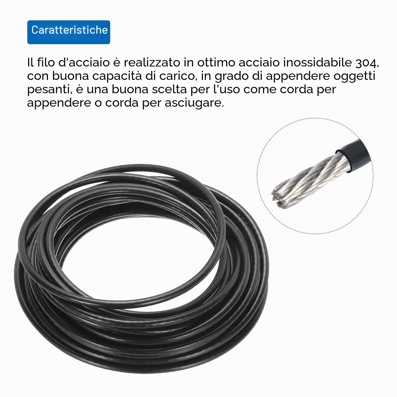QUARKZMAN 10M x 6mm (33Ft x 1/4") Fune Metallico Cavo Acciaio Inossidabile 304, Tenditore Tirante con 2pz Mandrini a Vite per Appendere Stendibiancheria Sollevamento, Nero