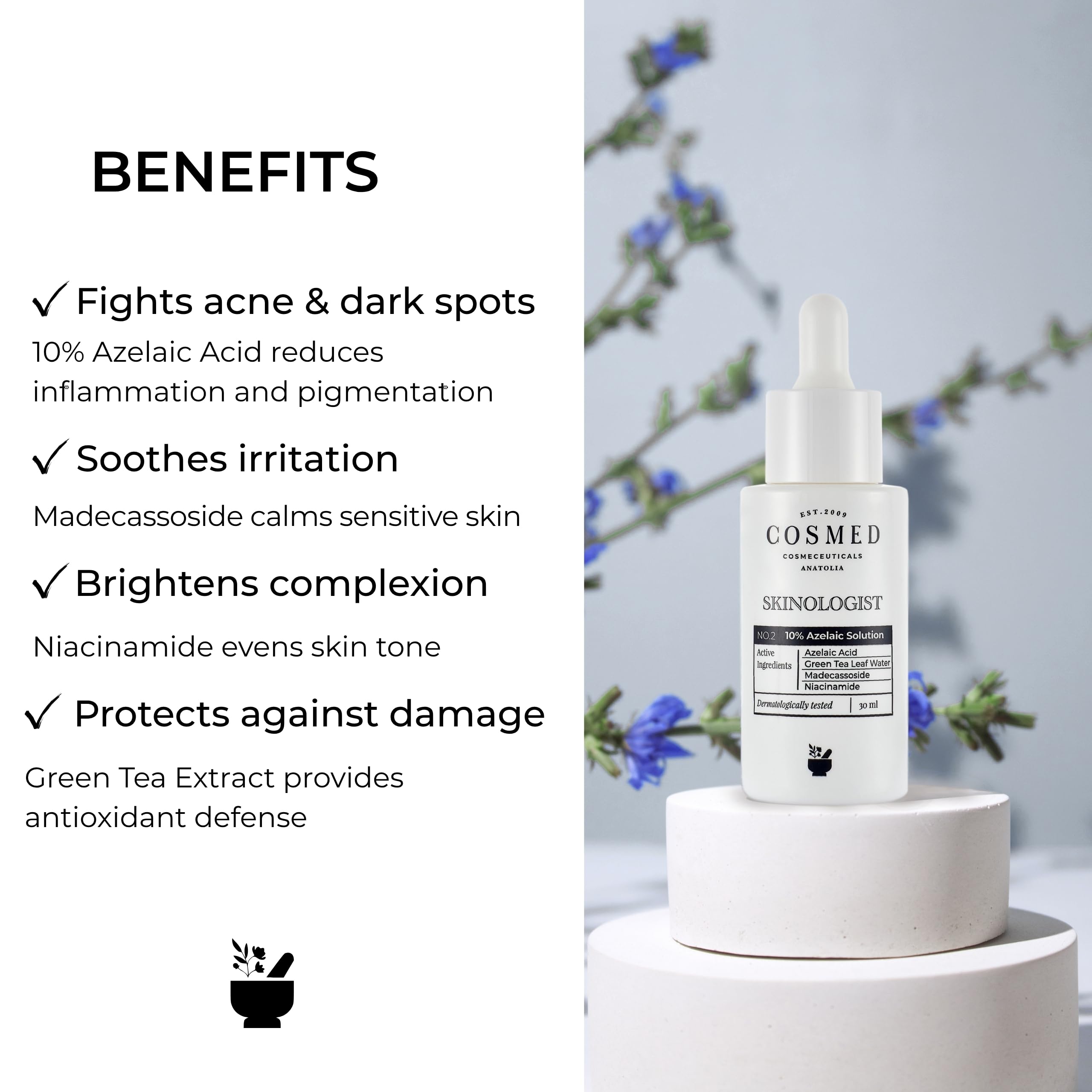 Cosmed Azelaik Asit ve Yeşil Çay İçeren Leke Karşıtı Serum - 10% Azelaic Solution - 30 ml