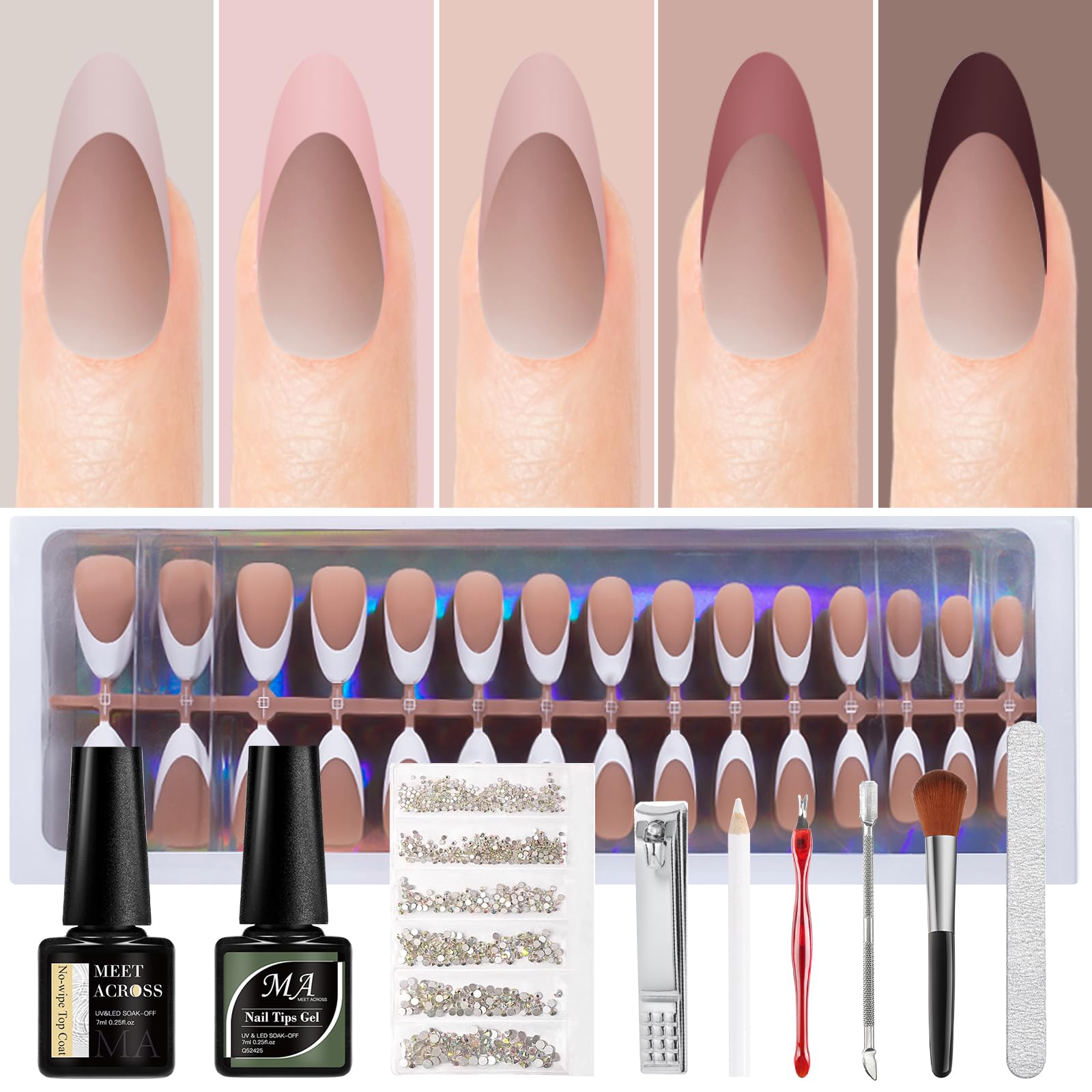 MEET ACROSS Gel X Nail Kit, Press On Nails Kit 150 PCS Medium Almond Brown, 15 Sizes French Tip Press on Nails, Nail Tips for Easy DIY Nail Art