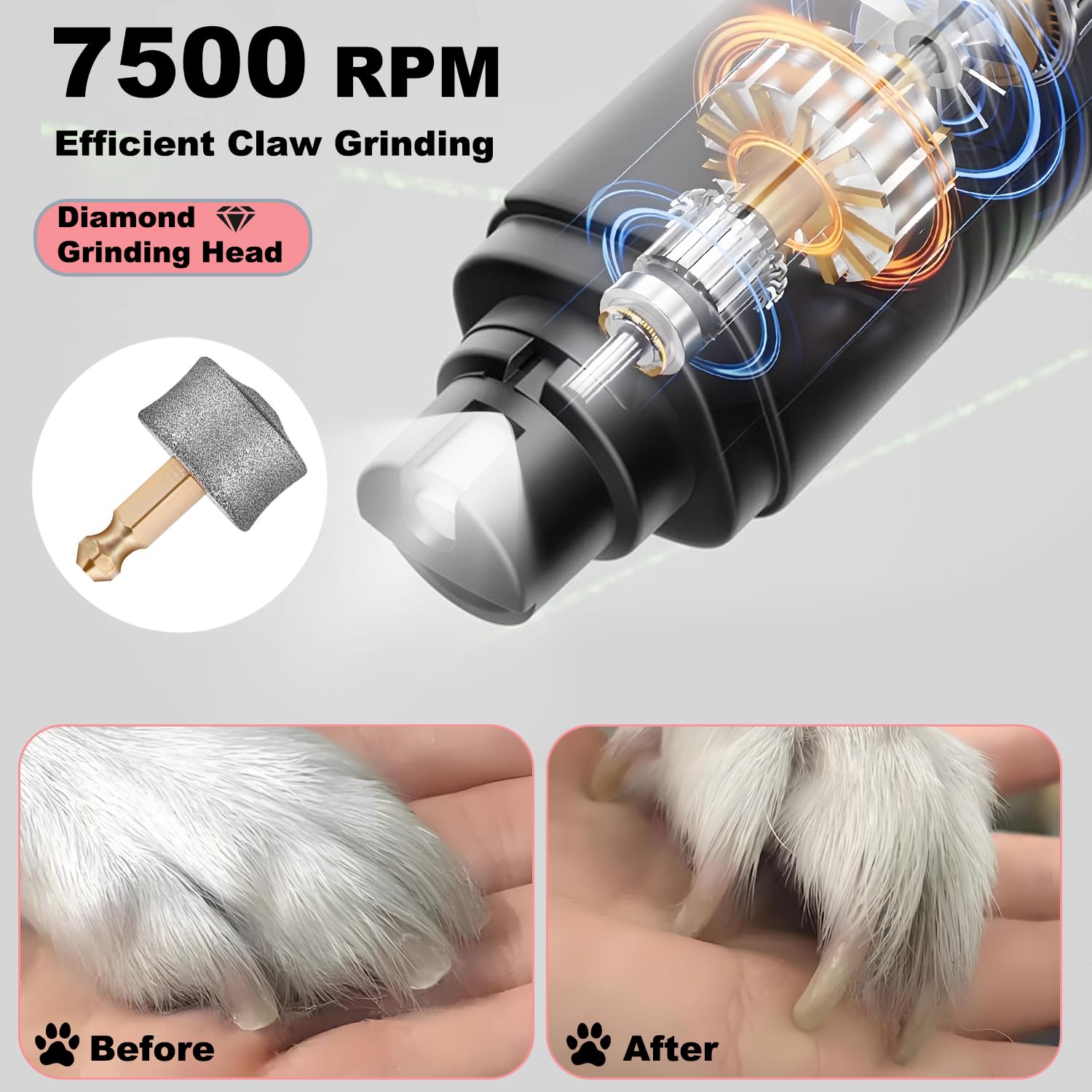 Dog Nail Grinder Quiet, Easy to Use Pet Nail Grinder with Led Lights, 7500 RPM Dog Nail Clippers for Large Dogs Medium Small Dogs & Cats, Continuous 3-Hour Battery Life - image 6