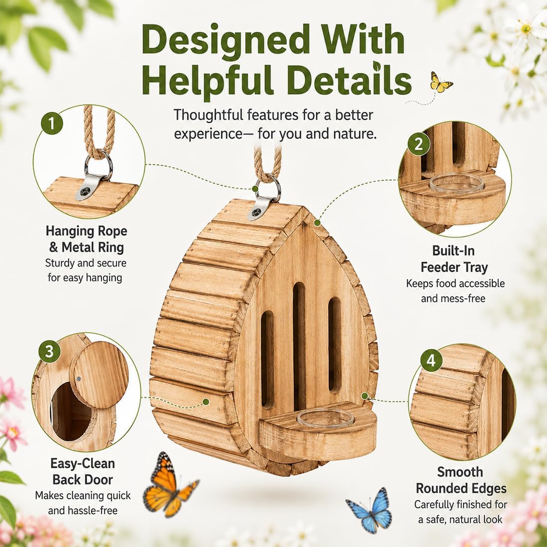 Schmetterlingshaus, Schmetterlingshotel aus Holz mit Seil & Futterstation, Bienenhotel Wetterfest, Wildbienen Nisthilfe, Insektenhotel für Bienen, Marienkäfer, Schmetterling Garten，2 Stück