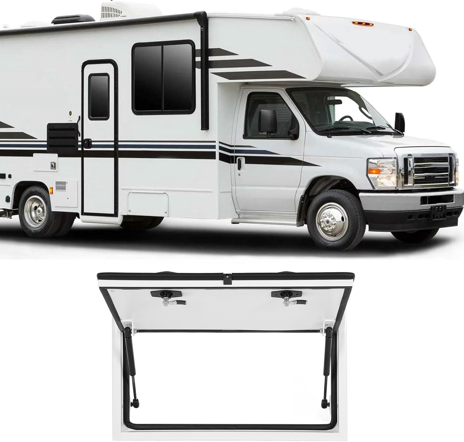 RV Storage Hatch Door, Aluminum Alloy 26x14 Inch - Powder Coating, Dual Lock Support Rod, for Caravan