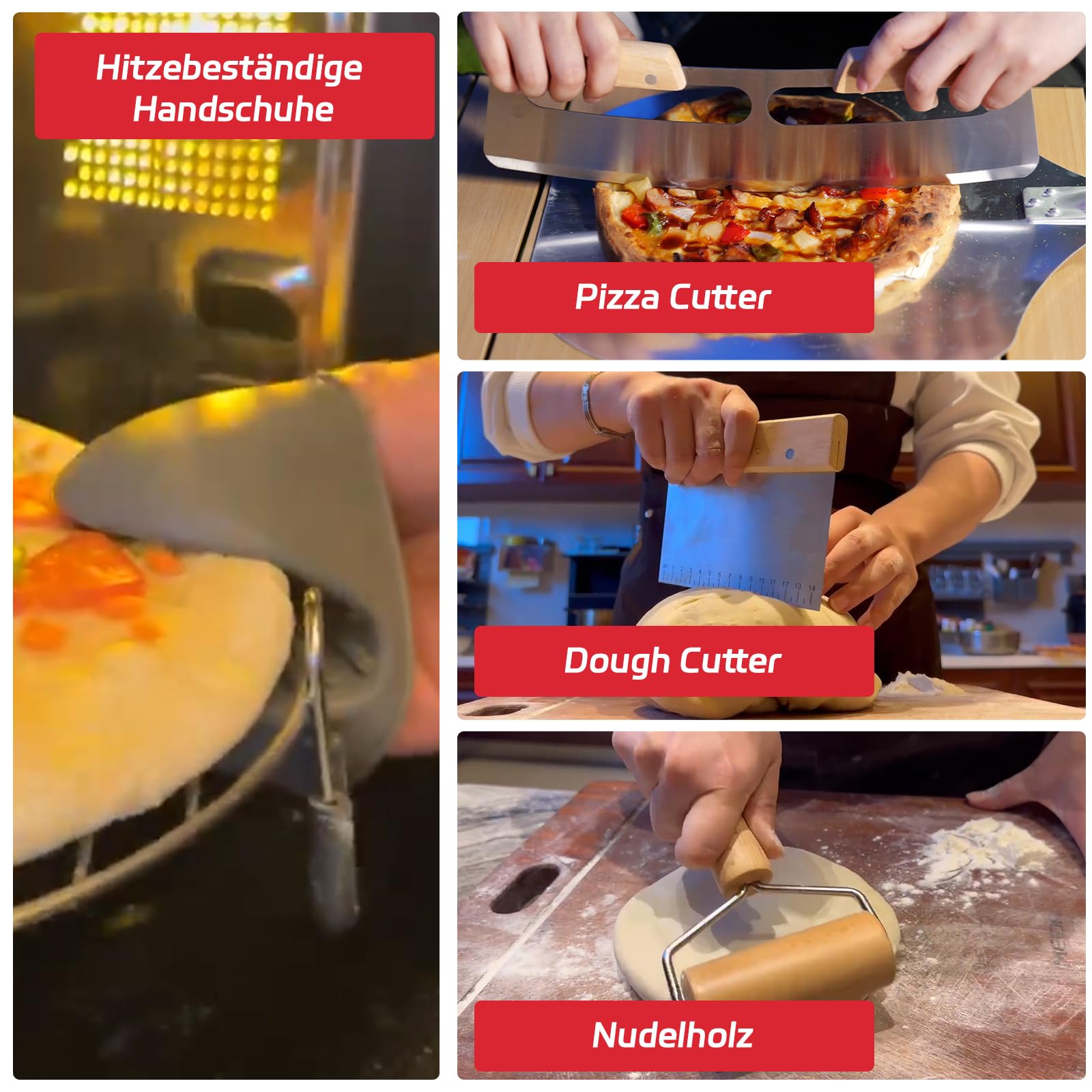 7tlg Pizza Schieber Set, Pizzaofen-Zubehörset, Premium Pizzazubereitungsset für Heim und Außenöfen, inkl. 12 Zoll Pizzaschieber, Ofenbürste, Bubble-Popper, Wippschneider, Teigrolle und Schaber
