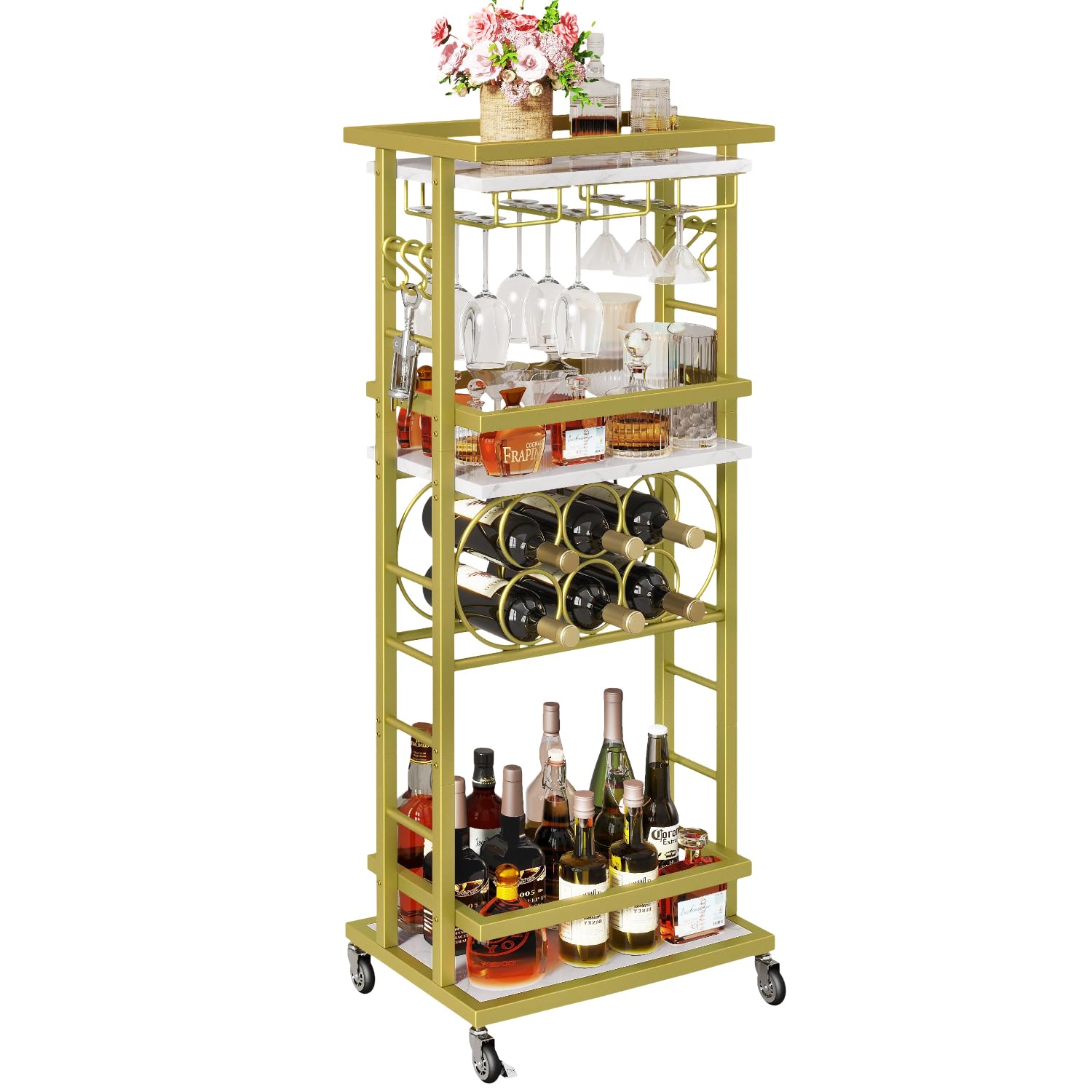 IBUYKE Botellero Vino con Ruedas, Carrito Bar 4 Niveles, Mini Bar rodante Blanco