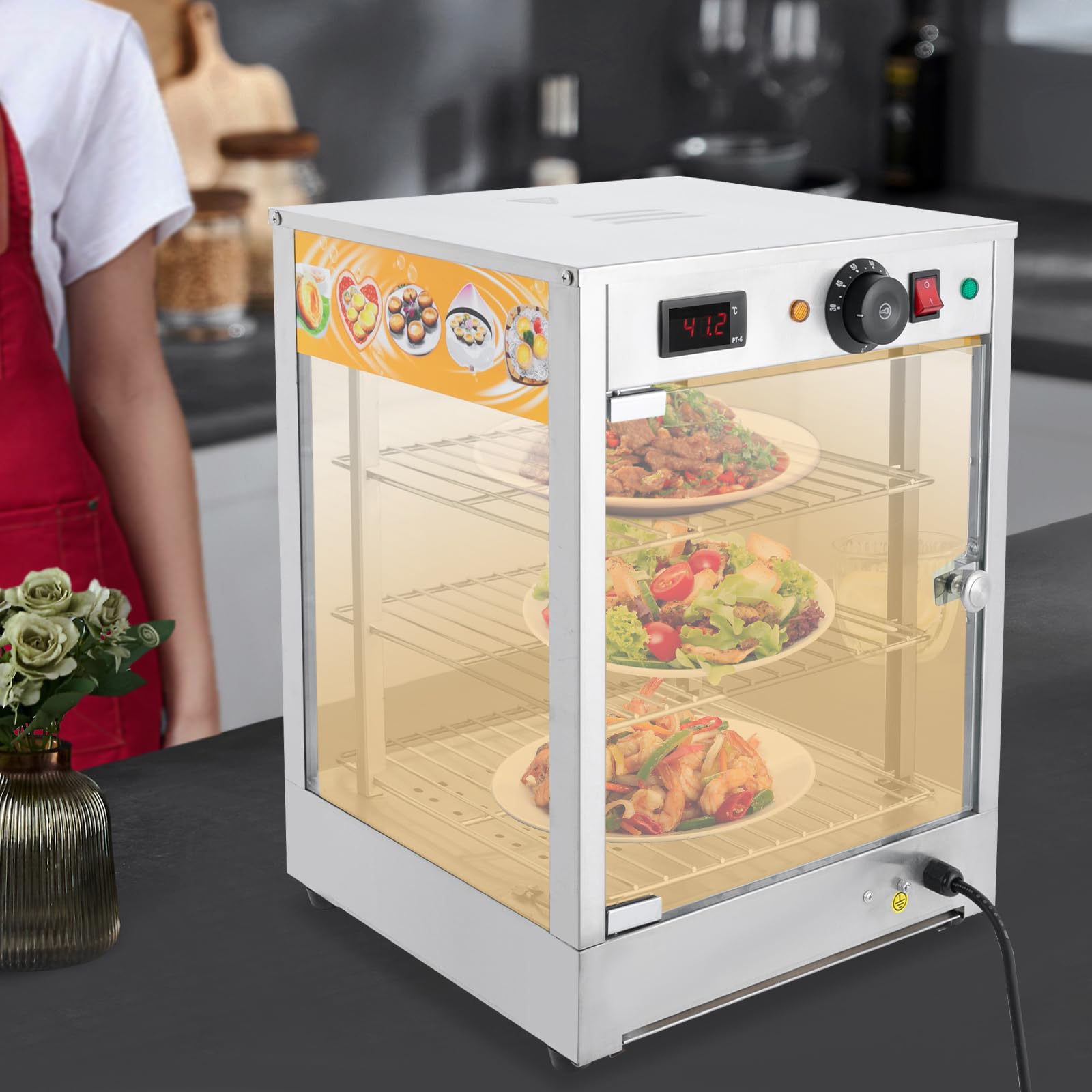 800W Electric Comercial Found,Estantes desmontables de 3 pisos,Temperatura 86-185 ° F,Modo termostato,Iluminación Refrigeración y humidificación Plata 201 Acero inoxidable Vidrio Caucho Pizza Pastel