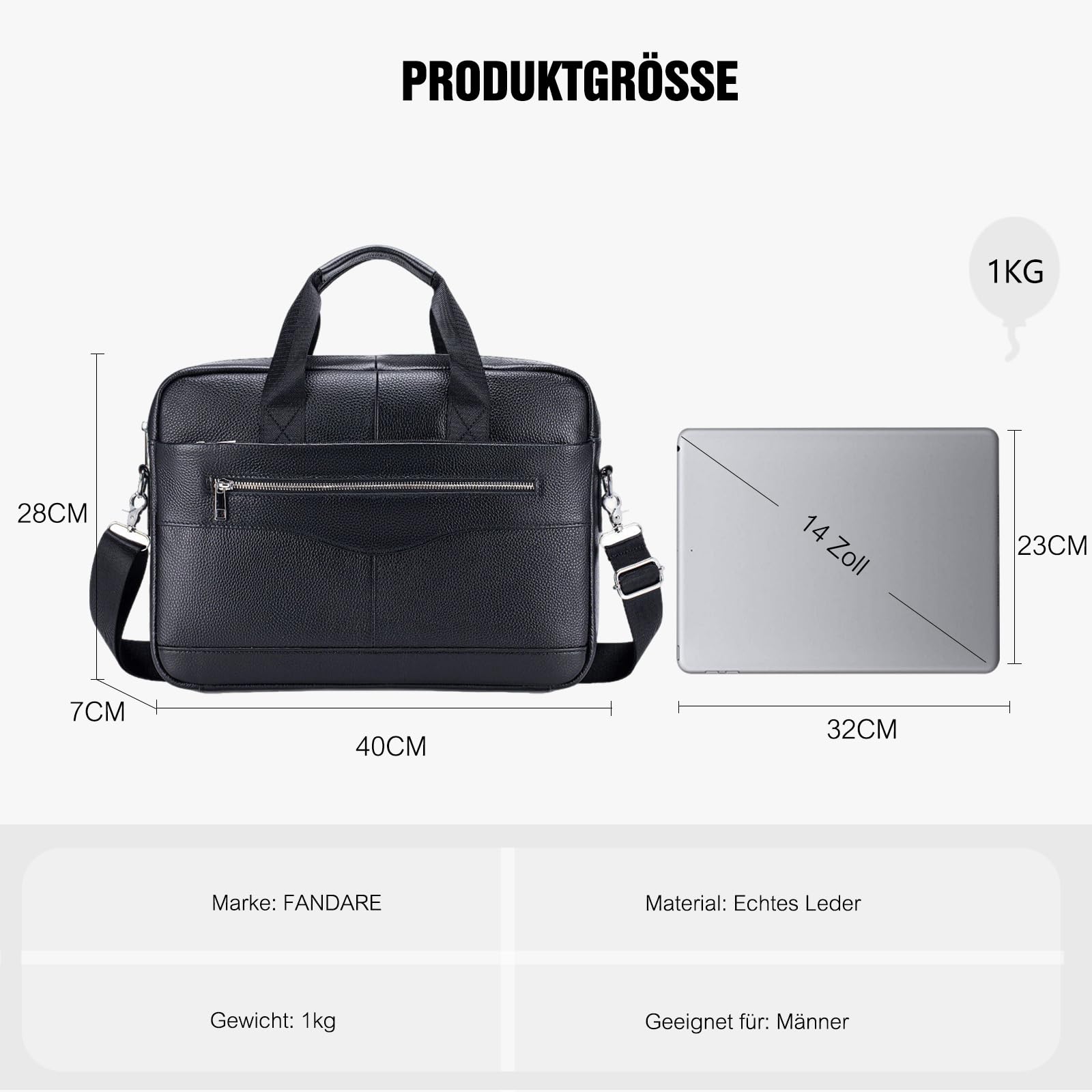 FANDARE Retro Leder Aktentasche Herren Business Henkeltasche Dokumententasche Geschäftstasche Messenger Handtasche Mappe Aktenkoffer Umhängetasche für Arbeit und Reisen Crossbody-Tasche