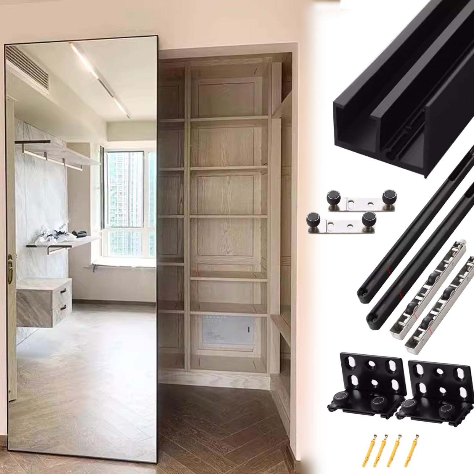 Kit Porta Scorrevole Porta Scorrevole a Scomparsa con Specchio Nero, Senza Binario a Vista, Larghezza 61 66 71 76 81 86 91 102 cm, Kit di Ferramenta per Porta Scorrevole a Scomparsa(79cm/31.1in)
