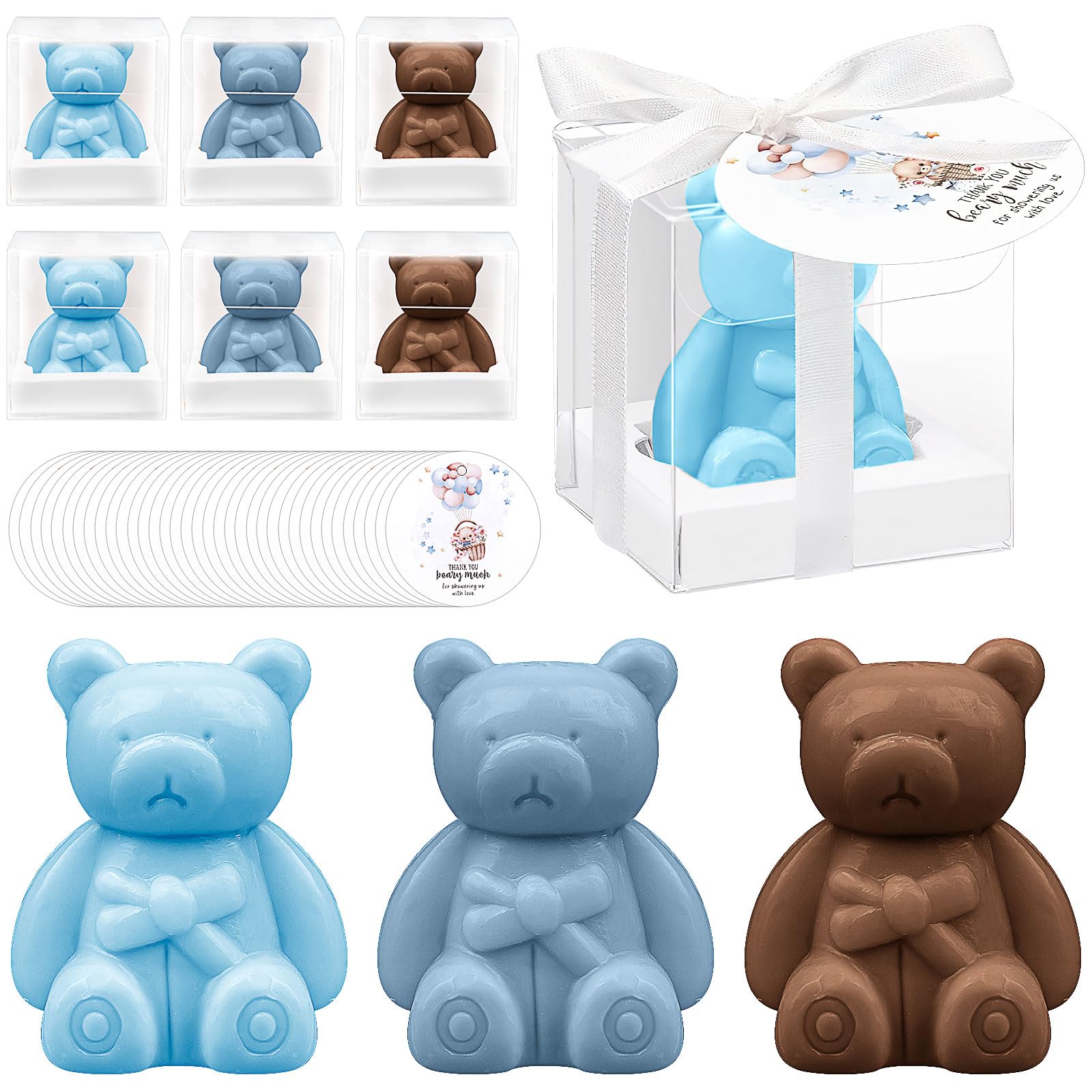 36 Pack Bear Soap Baby Shower Favours for Guests, Mini Handmade Scented Soaps Bulk for Boys, Cute Teddy Bear Guest Gifts for Gender Reveal Christening Wedding Supplies Birthday Party, Blue & Brown