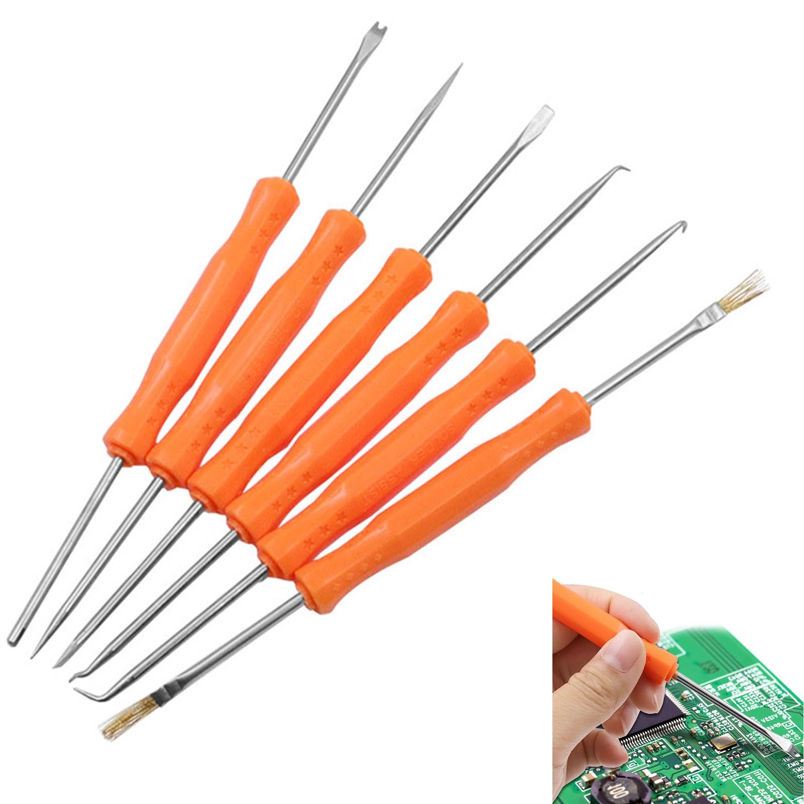Welding Auxiliary Tools 6Packs Metal Solder Aid Kits Circuit Board Precise Welding Tool Set Brush Scraper Fork Hook Awl(Orange)