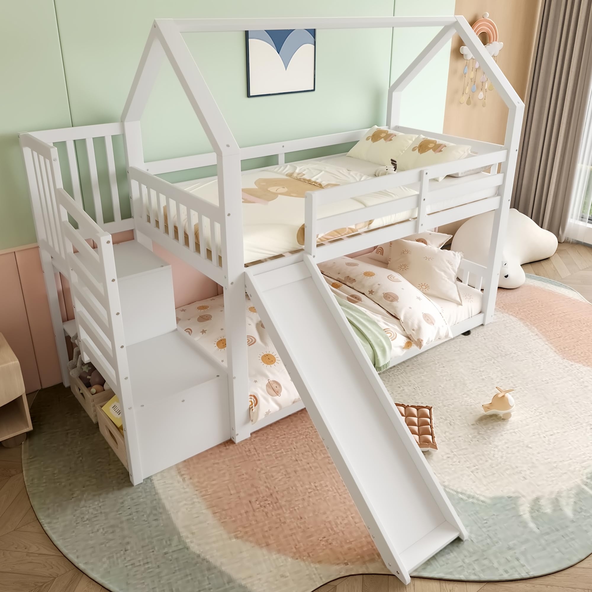 Kinderbett Etagenbett 90x200cm, Hausbett Hochbett mit Treppe und Rutsche, Multifunktionsbett Holzbett Baumhausbett Spielbett Stockbett Bettgestell mit Rausfallschutz & Lattenrost, Ohne Matratze, Weiß