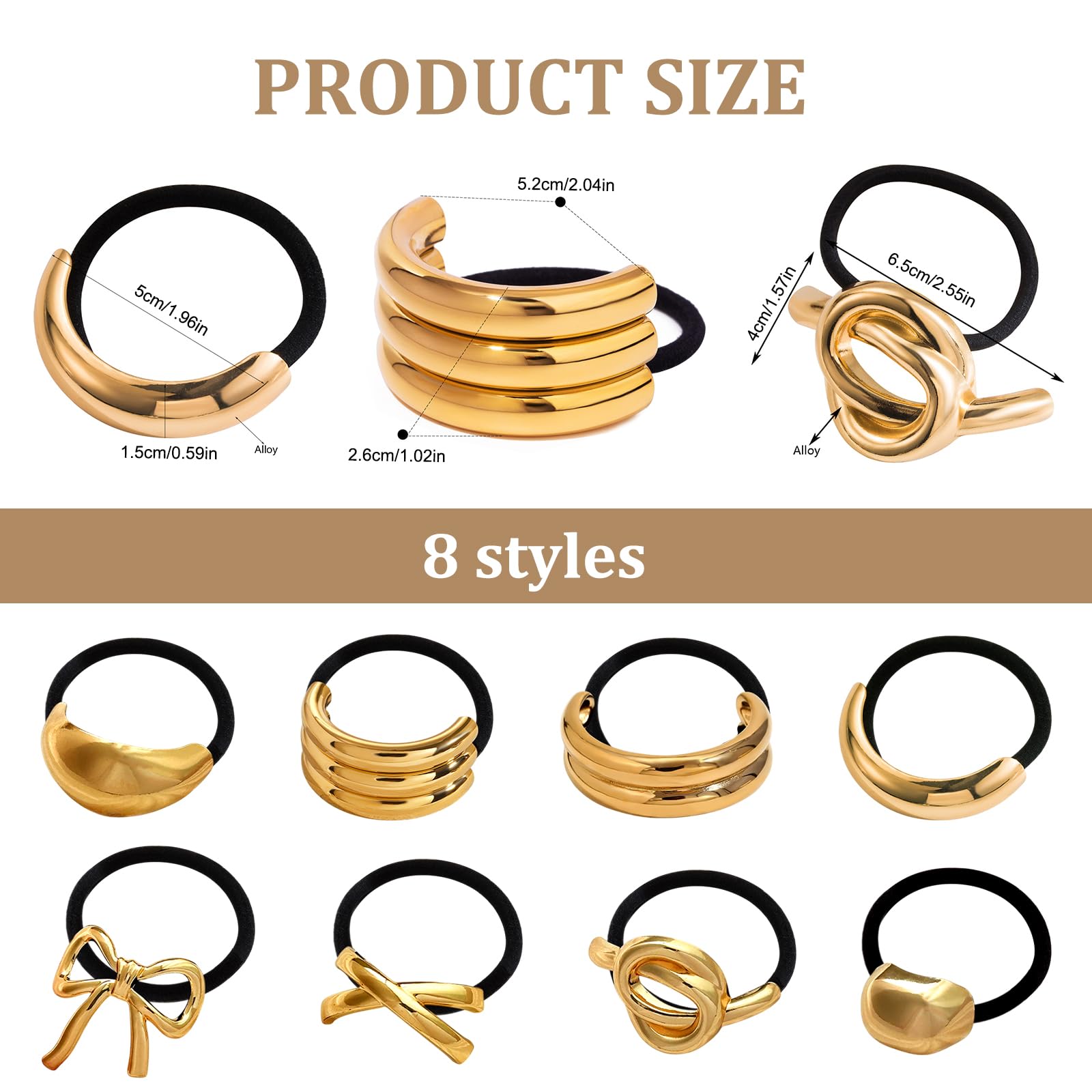 8Pcs Gold Hair Cuffs for Ponytails Hair Ties Fashion Glossy Hair Cuffs Metal Hair Tie Ponytail Cuff Elastic Hair Ties for Women Long Hair Ponytail Holder Gold Hair Accessories - Image 2