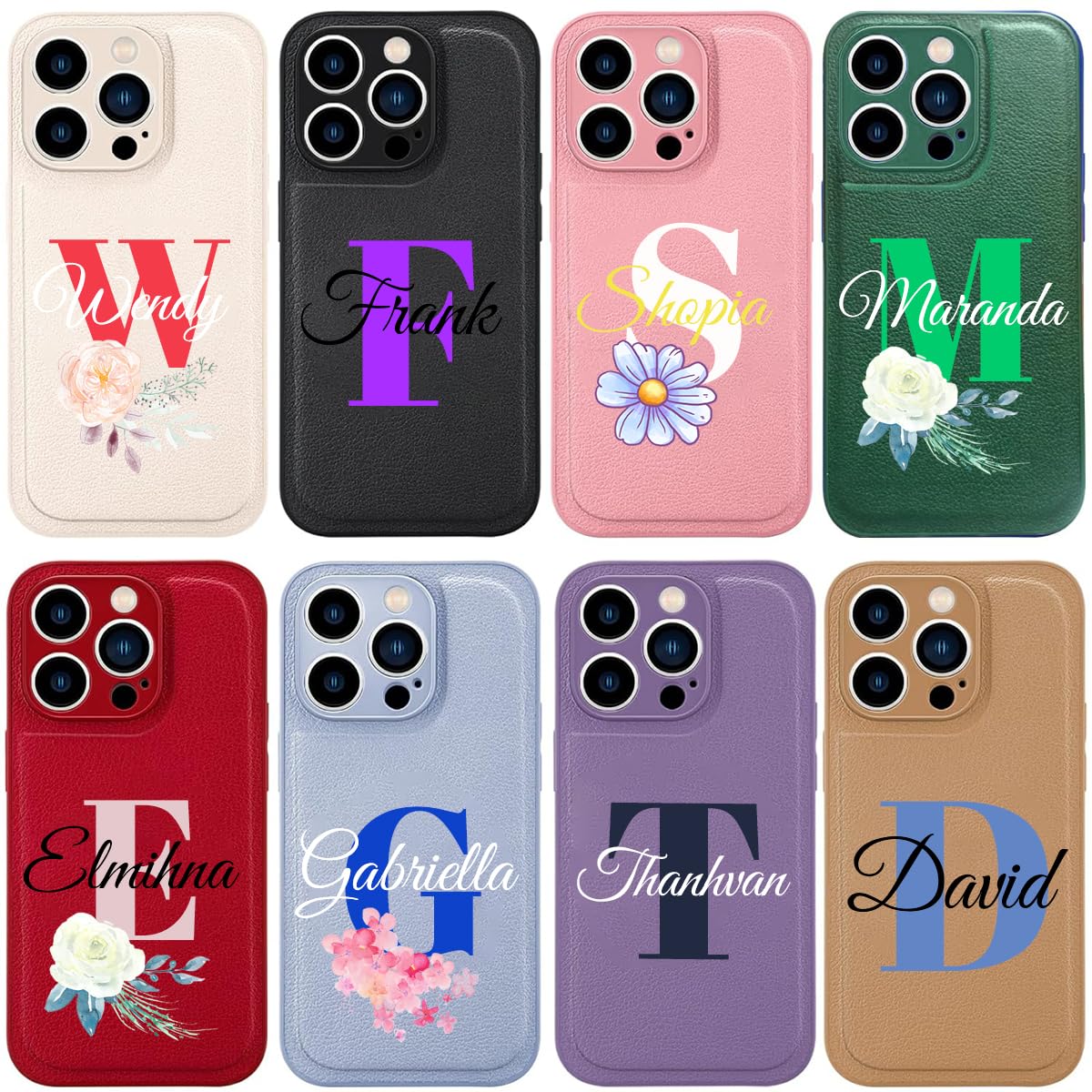 Custom Name Leather Case for Apple iPhone 17 Air 16 15 14 Pro Max 13 12 Mini 11 XR XS X 8 7 Plus SE 2 3 Phone - Personalize Initial Name Monogrammed Floral Customized Phone Cover