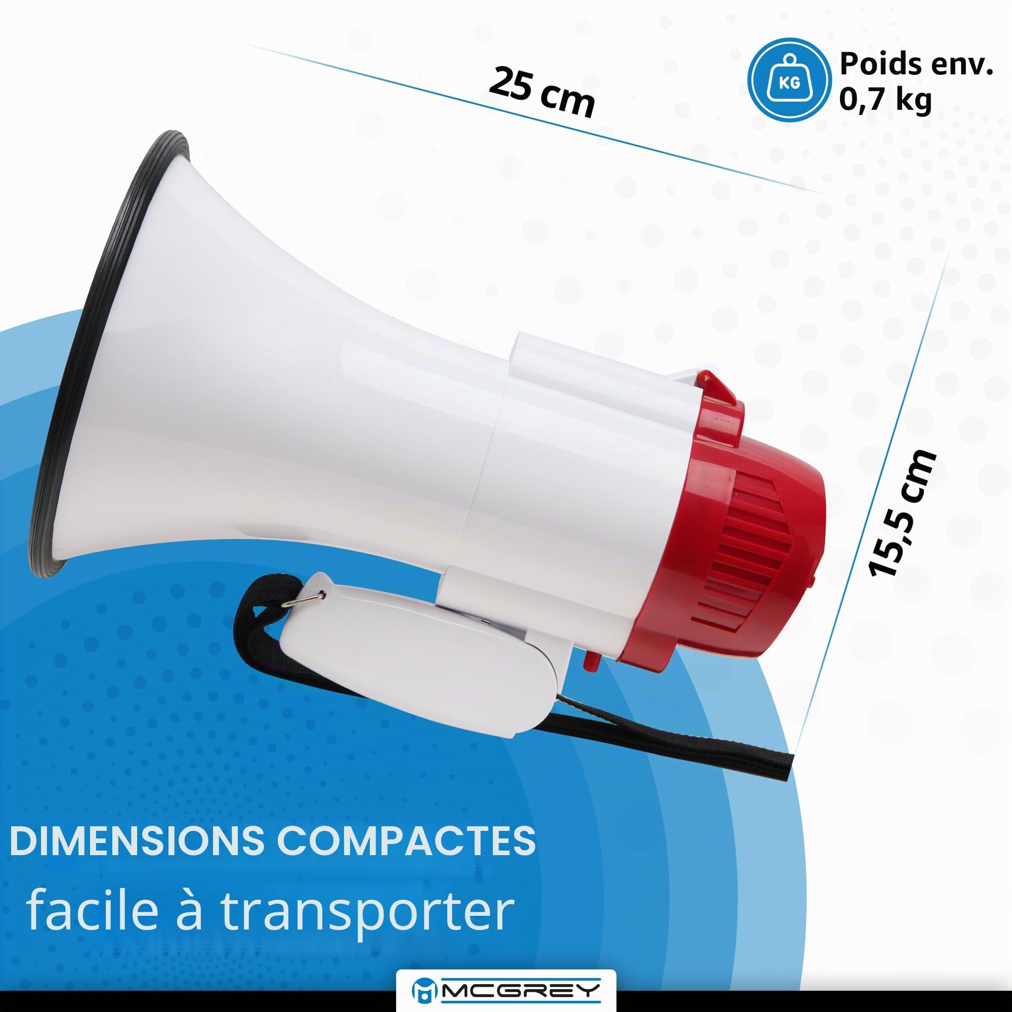 McGrey MP-100RS Mégaphone (Porte-Voix, 10 Watt RMS/30 Watt Max, portée Jusqu’à 500m, Fonction Enregistrement/relecture, sirène, alimenté par Piles) Blanc/Rouge