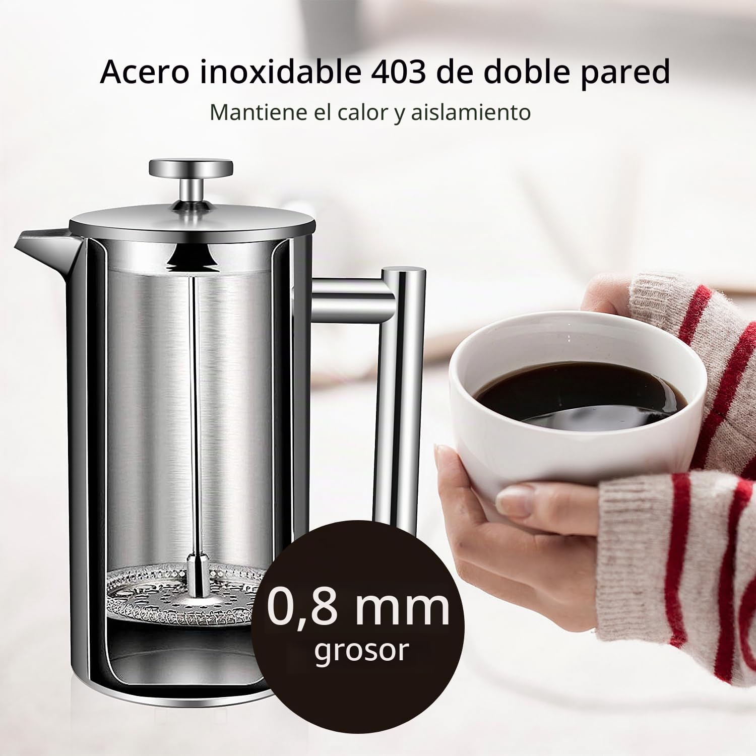 Cafetera de Émbolo Individual Prensa Francesa Acero Inoxidable 1L Plateado