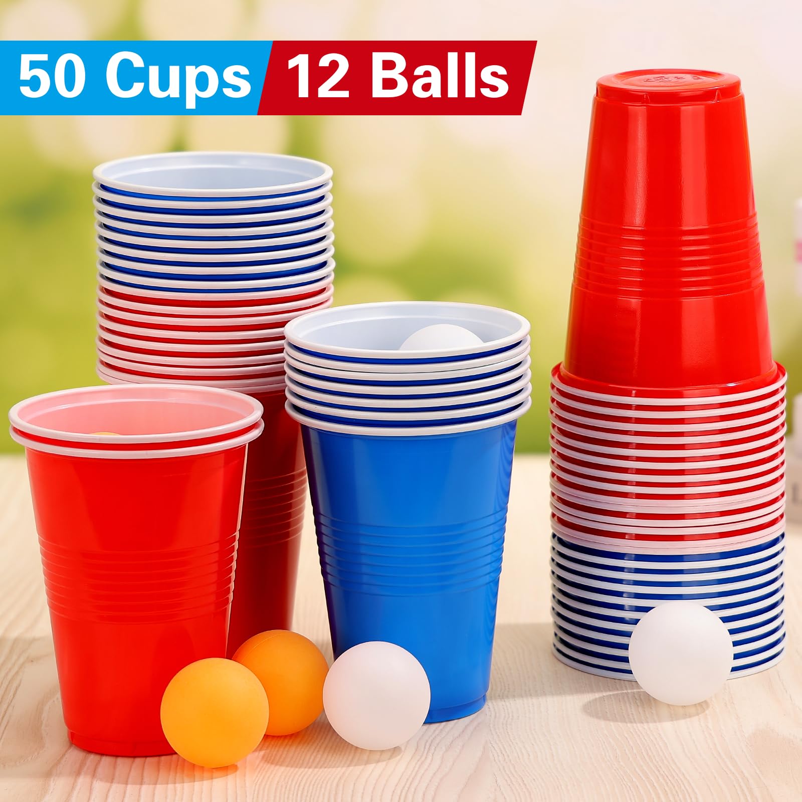 Zeawavsl Beer Pong Ping Pong Kit, Bicchieri da Beer Pong Contiene 50 Bicchieri e 12 Palline da Ping Pong, Bicchieri da Beer Pong da 500 ml Bicchieri da Beer Pong Riutilizzabili