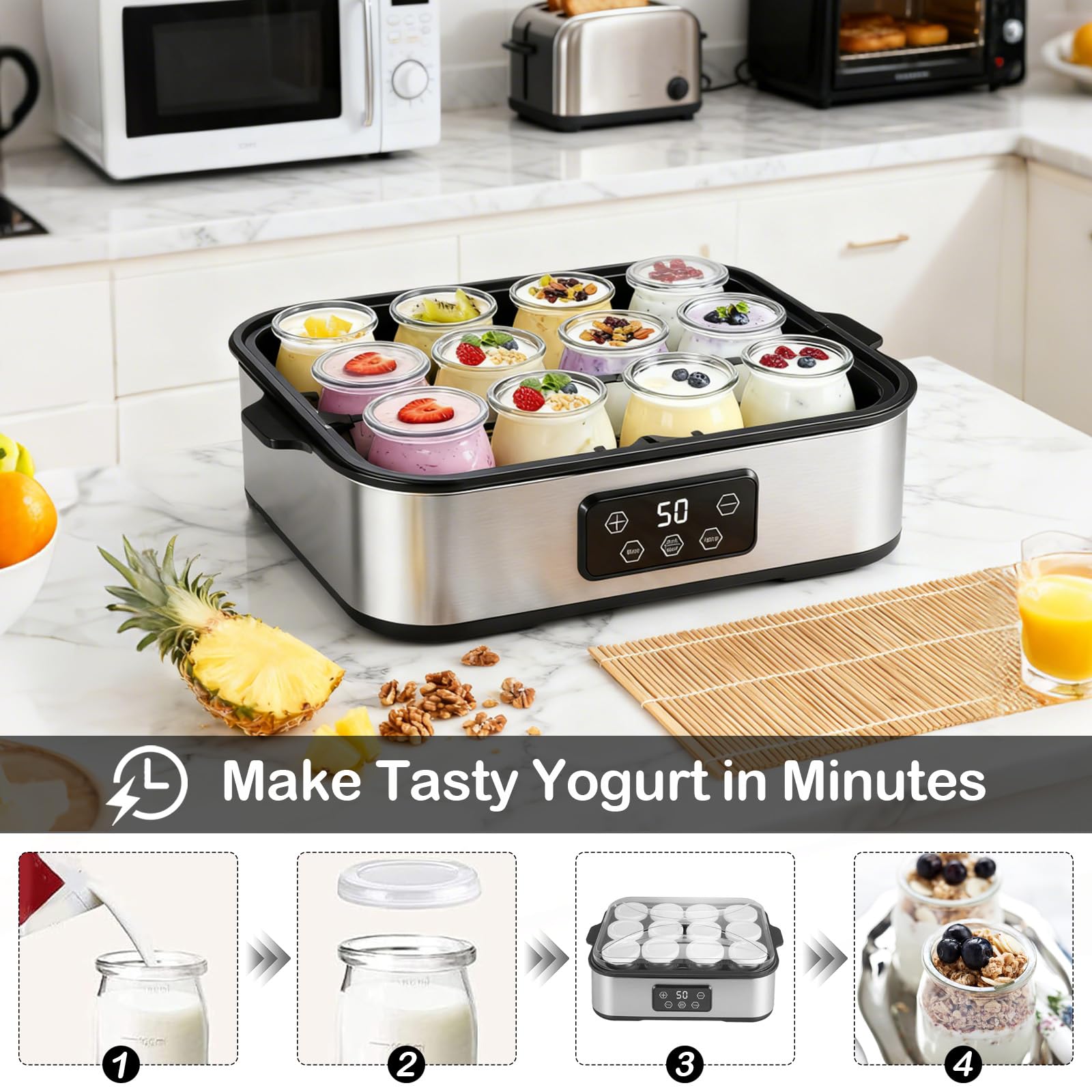 Yogurtiera Elettrica 2200 ml, con 12 × 180 ml Vasetti in Vetro, Macchina Digitale in Acciaio Inox, Yogurt Maker Automatico per Yogurt Fatti in Casa, Formaggio o Natto