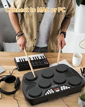 KONIX Electronic Tabletop Drum Set, Portable Electric Drum Kit with 7 Velocity Sensitivity Drum Pads, LED Drum Light, USB-MIDI Mac & PC Support, Ideal Gift for Adult and Beginners