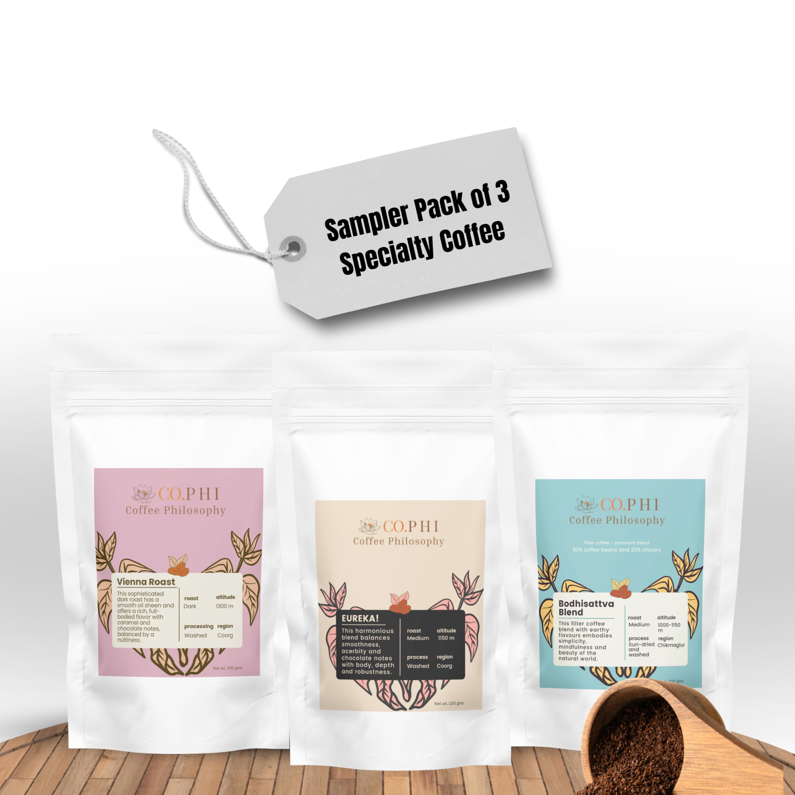 CO.PHI Coffee Philosophy Sampler Pack of 3 Coffee Blends - Bodhisattva Blend Filter Coffee with Chicory, Eureka! Medium Roast and Vienna Roast Dark, Ground Coffee, Coorg and Chikmaglur region, 100 gm of each blend (B0DJ2ZMW1R) Amazon Price History, Amazon Price Tracker