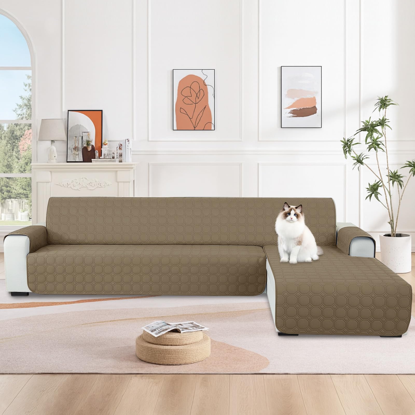 Ystyle Copridivano Impermeabile con Penisola 4 Posti (L 280 CM), Copridivano Angolare Destra/Sinistra Universale Reversibile, Copridivano Chaise longue Antigraffio Antimacchia, Caffè Chiaro