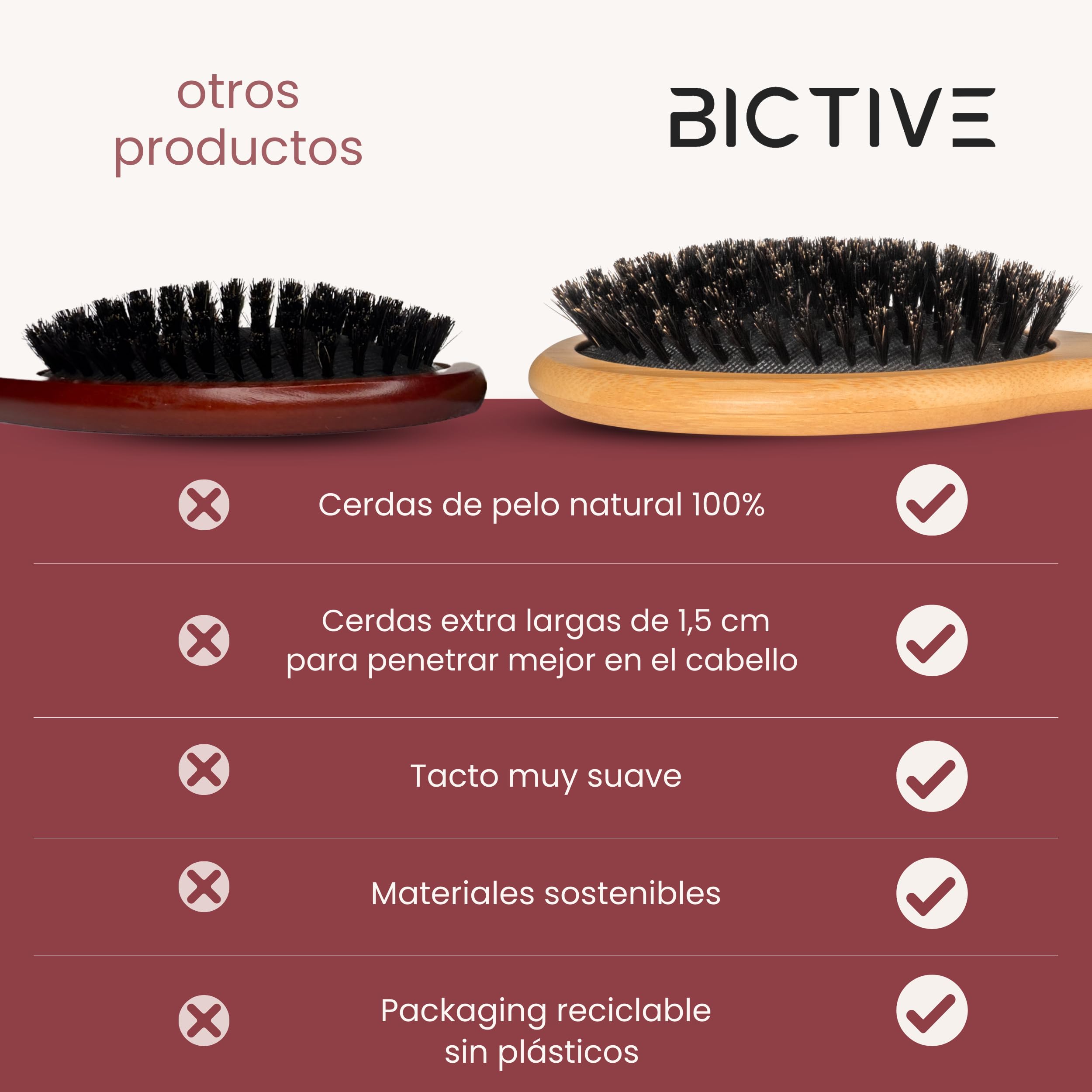 Cepillo de Cerdas de Jabali Largas Naturales para Cabello Normal y Fino. Cepillo Pelo Antirotura, Alisador, Clean Look, Cepillo Cerdas Naturales para Mujer, Hombre y Niños. Peine Jabalí