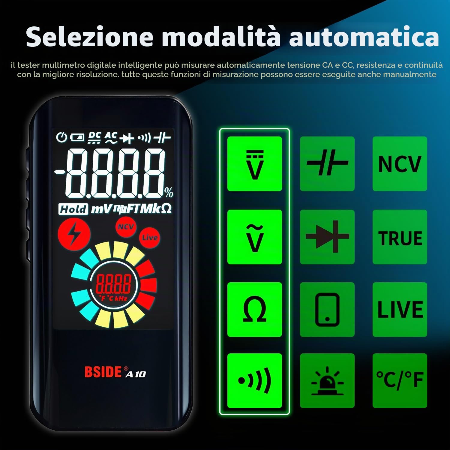 BSIDE Multimetro digitale automatico Grande LCD a colori EBTN Multimetro ricaricabile intelligente 3 risultati 6000 conteggi Tester di Tensione Capacità Frequenza Resistenza Modalità NCV Filo vivo