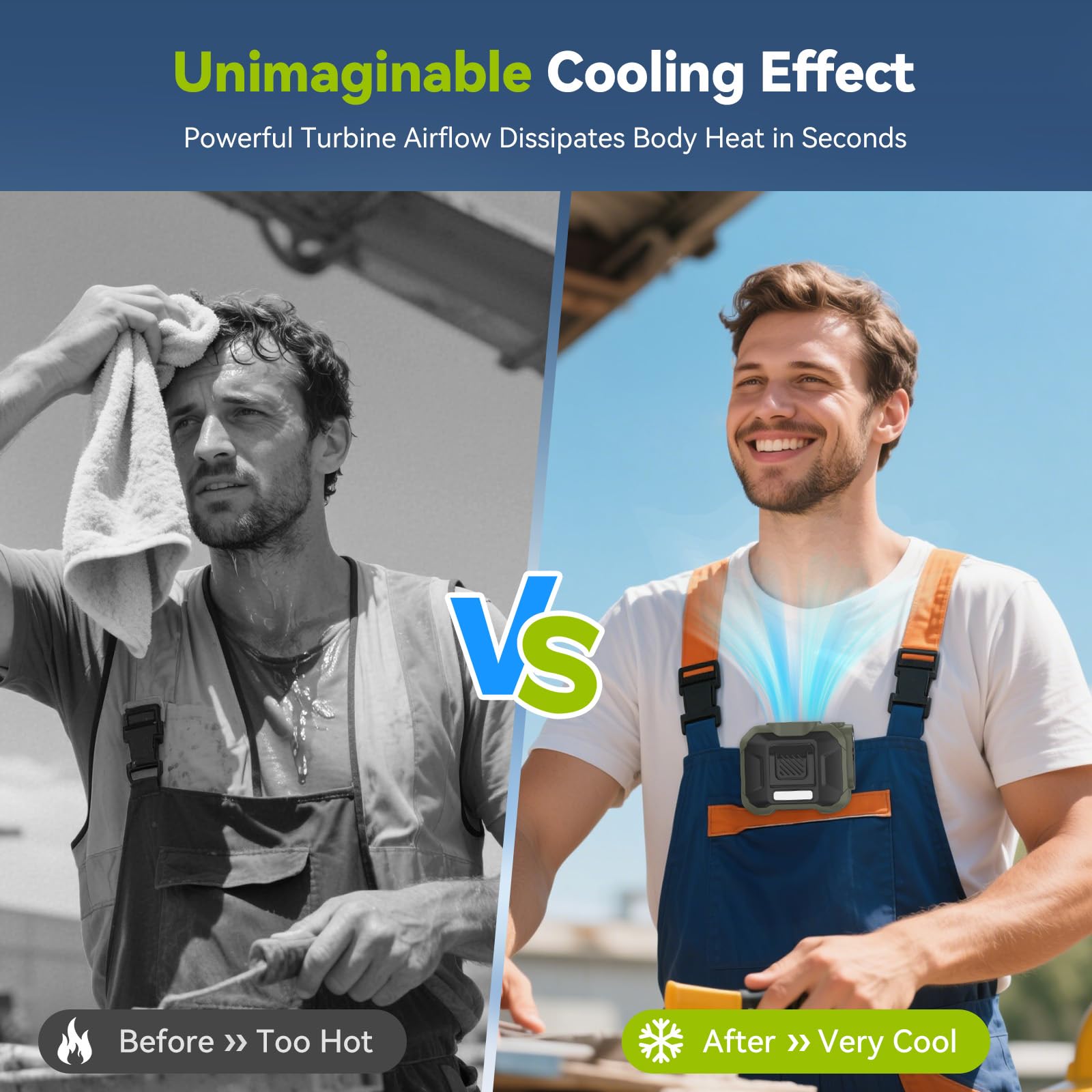 Rintea Ventilateur portable avec clip en vie, 10000 mAh, ventilateur USB, 3 vitesses, mini ventilateur portable avec éclairage, pour bouffées de chaleur, voyage en plein air, camping, vert