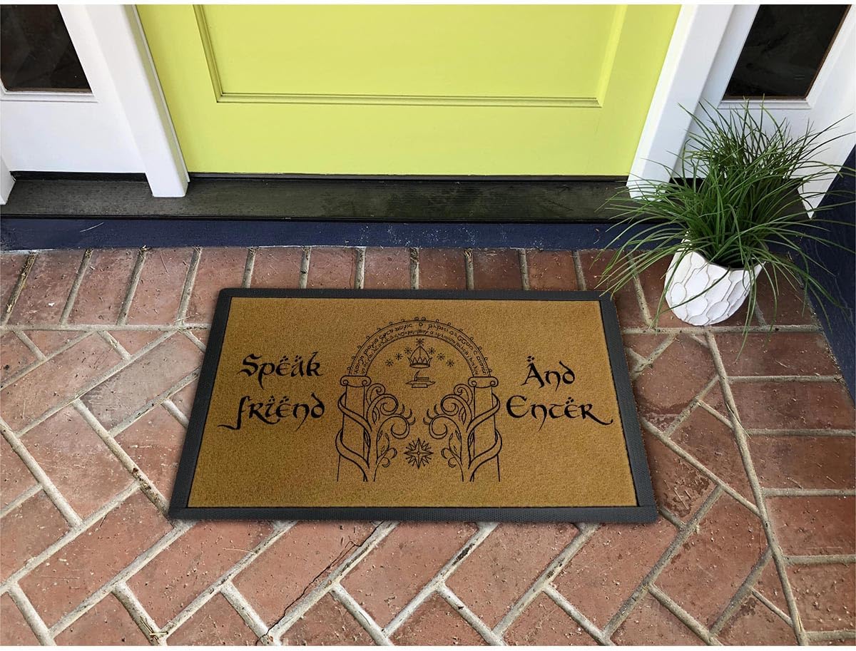 Funny Welcome Doormat for Front Door Entrance 30x17 Non Slip Rubber Backing Low Profile Indoor Outdoor Faux Coir Mat Cute Porch Decor Entryway Floor Mat Housewarming Gift(Speak Friend and Enter)