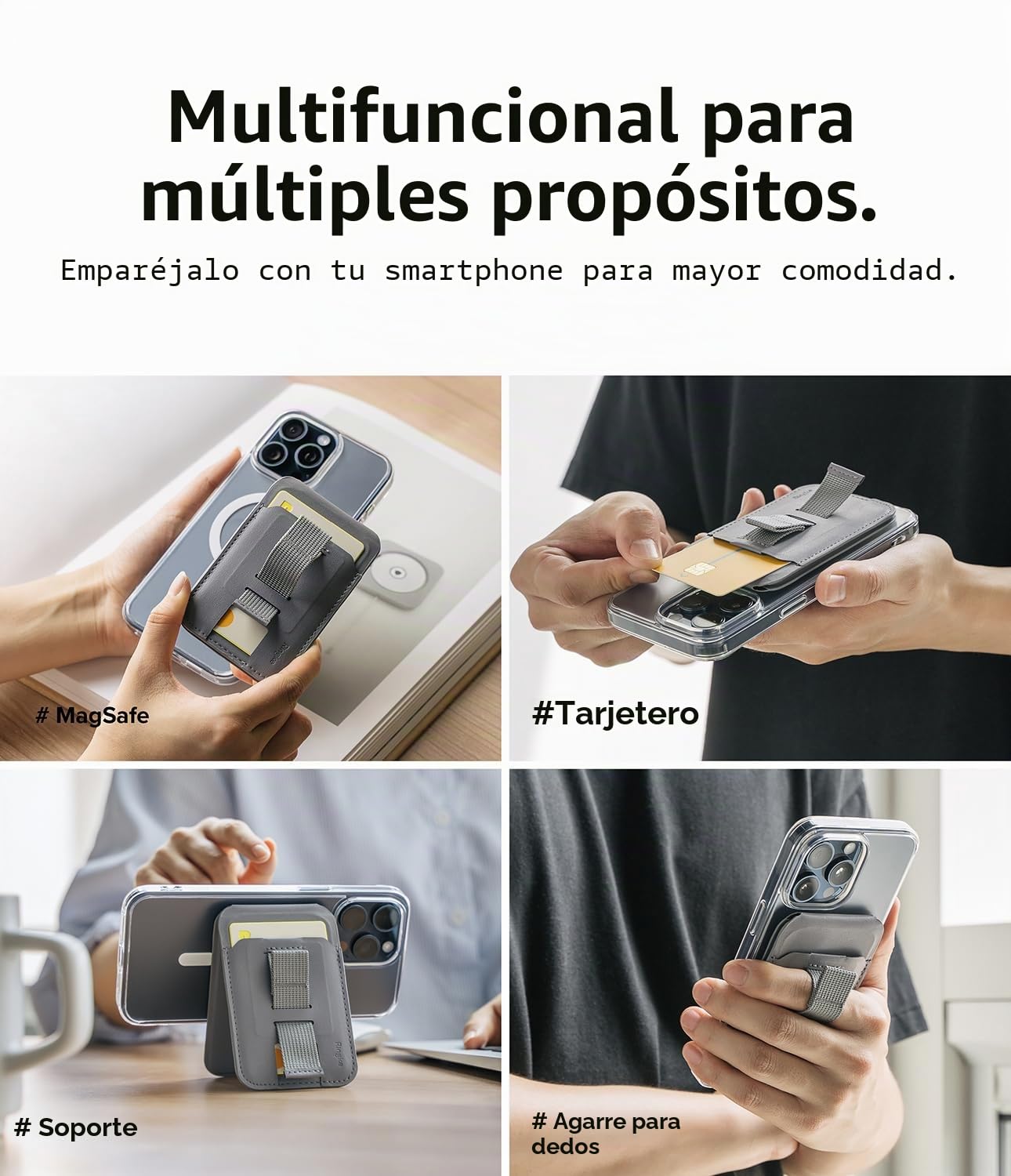 Ringke Stand Grip Wallet Magnetic [Cabe 3 Tarjetas] Tarjetero Movil Compatible con MagSafe, Utiliza de Soporte, Correa para el Dedo Soporte Movil con Imán Muy Fuerte - Light Gray