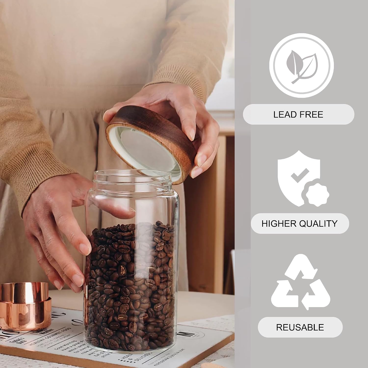 JanYoo 2 Pack Glass Coffee Containers with Lids and Scoop, 47fl oz(1400ml) Food Storage Jar with Airtight Lids, Kitchen Coffee Container Round Canister for Coffee Beans,Oat Spaghetti,Flour,Sugar,Tea