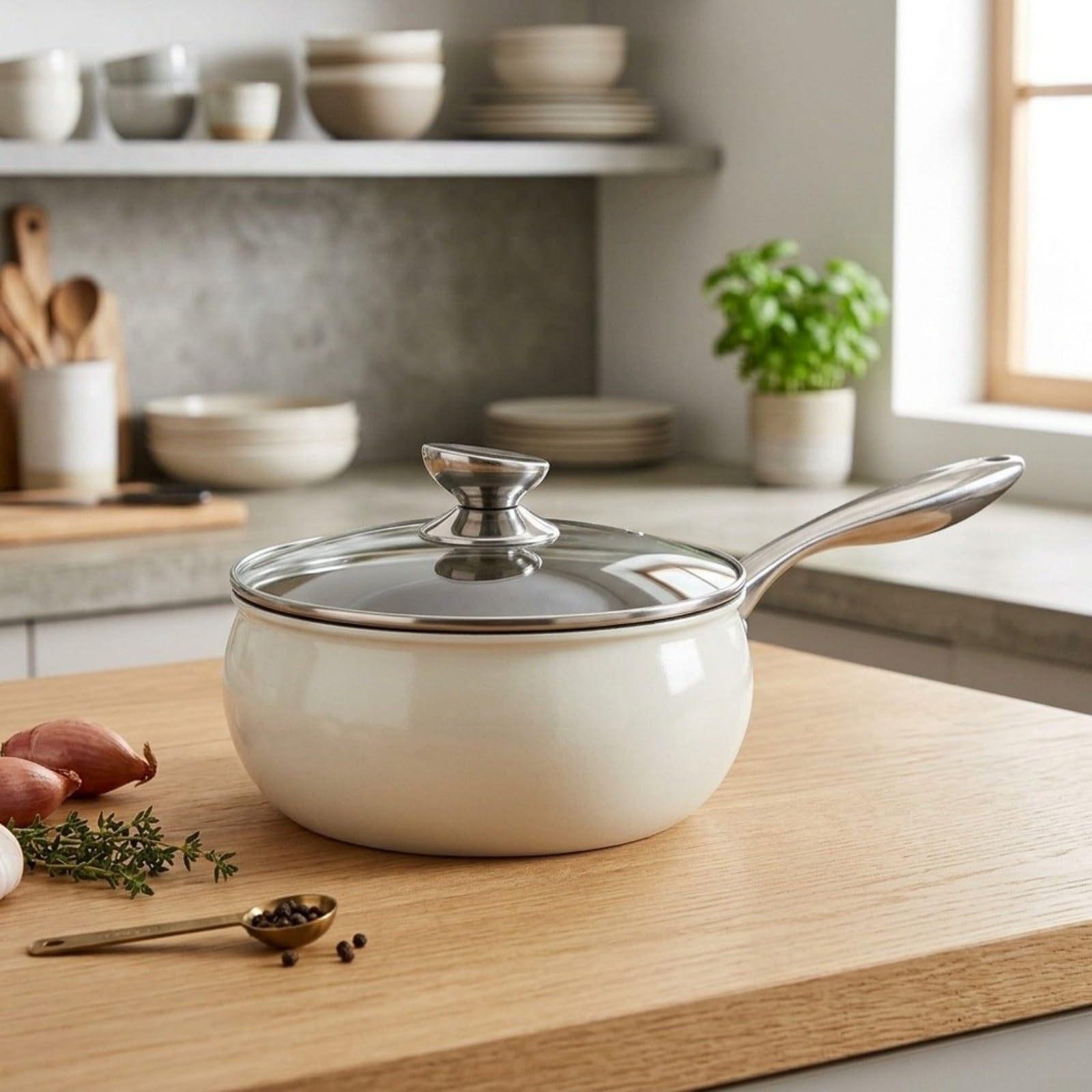 Metall Suppentopf Mit Glasdeckel Und Ergonomischem Griff, Gebogener Körper Für Induktion Und Gasherd, Robuster Kochtopf Zum Kochen Von Suppe Und Nudeln, Weiß(White)