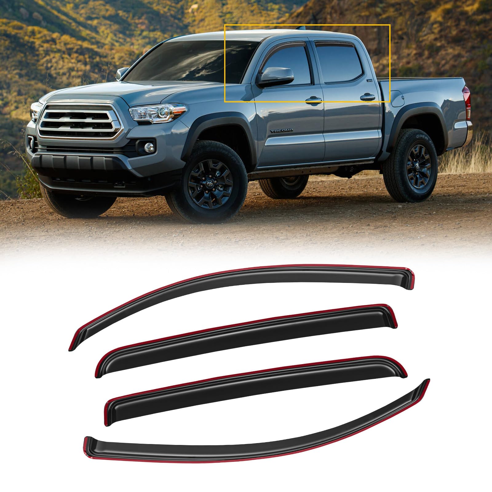 CMVT Auto Window Visors for 2016-2023 Toyota Tacoma Double Cab, Rain Guards Shields Vent Shade Deflector Dark Smoke 2017 2018 2019 2020 2021 2022, in-Channel, Tape-On, 4PCS