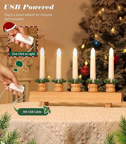 Miniatura 5 de Lewondr Candelabro sueco de Navidad, velas eléctricas con 5 velas cónicas sin llama, luz de puente de vela de madera con alimentación USB, luces