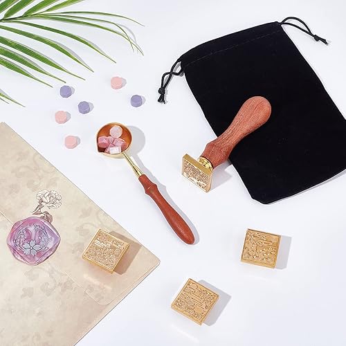 Miniatura 3 de CRASPIRE Juego de 4 sellos de cera, 4 sellos cuadrados de sellado para 4 estaciones con mango de madera universal, cuchara de fusión de cera y
