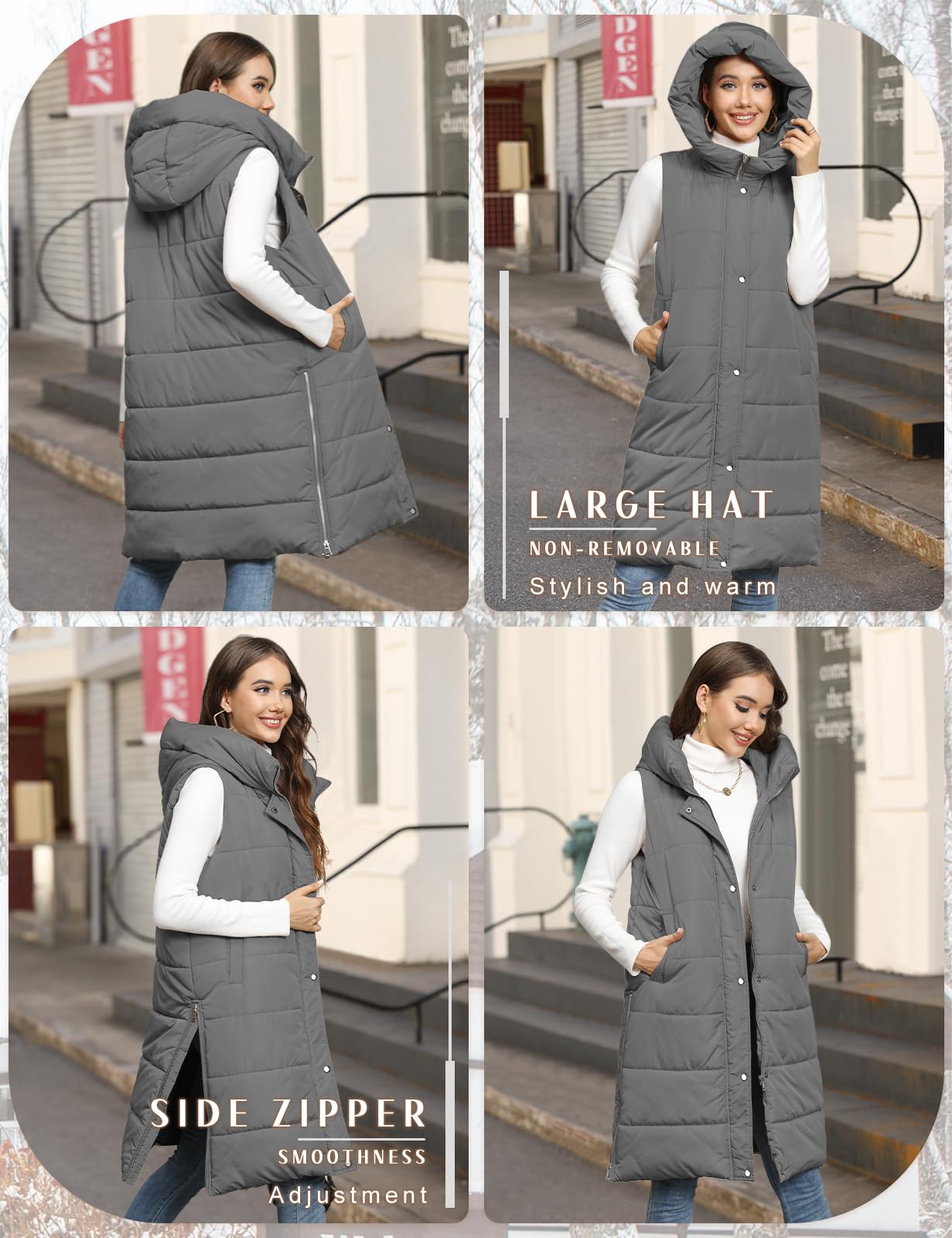 Yuson Girl Chaleco Mujer Chalecos Acolchados Medio Largo Chaquetas sin Mangas Casual Chaleco Grueso Invierno Abrigo Outwear con Capucha Largos Calentador de Cuerpo con Bolsillos