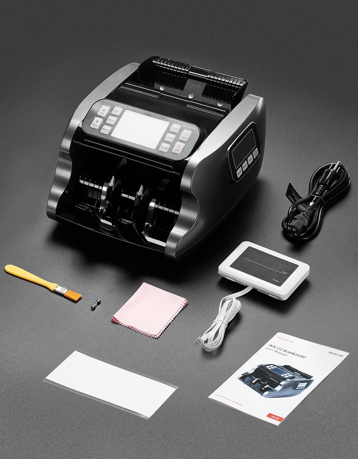 MUNBYN IMC22 Contadora de Billetes Mixto, Máquina Contar Billetes con Detector Falsos CIS/UV/IR/MG/MT, EUR USD CAD, 120 Divisas, Doble Pantalla